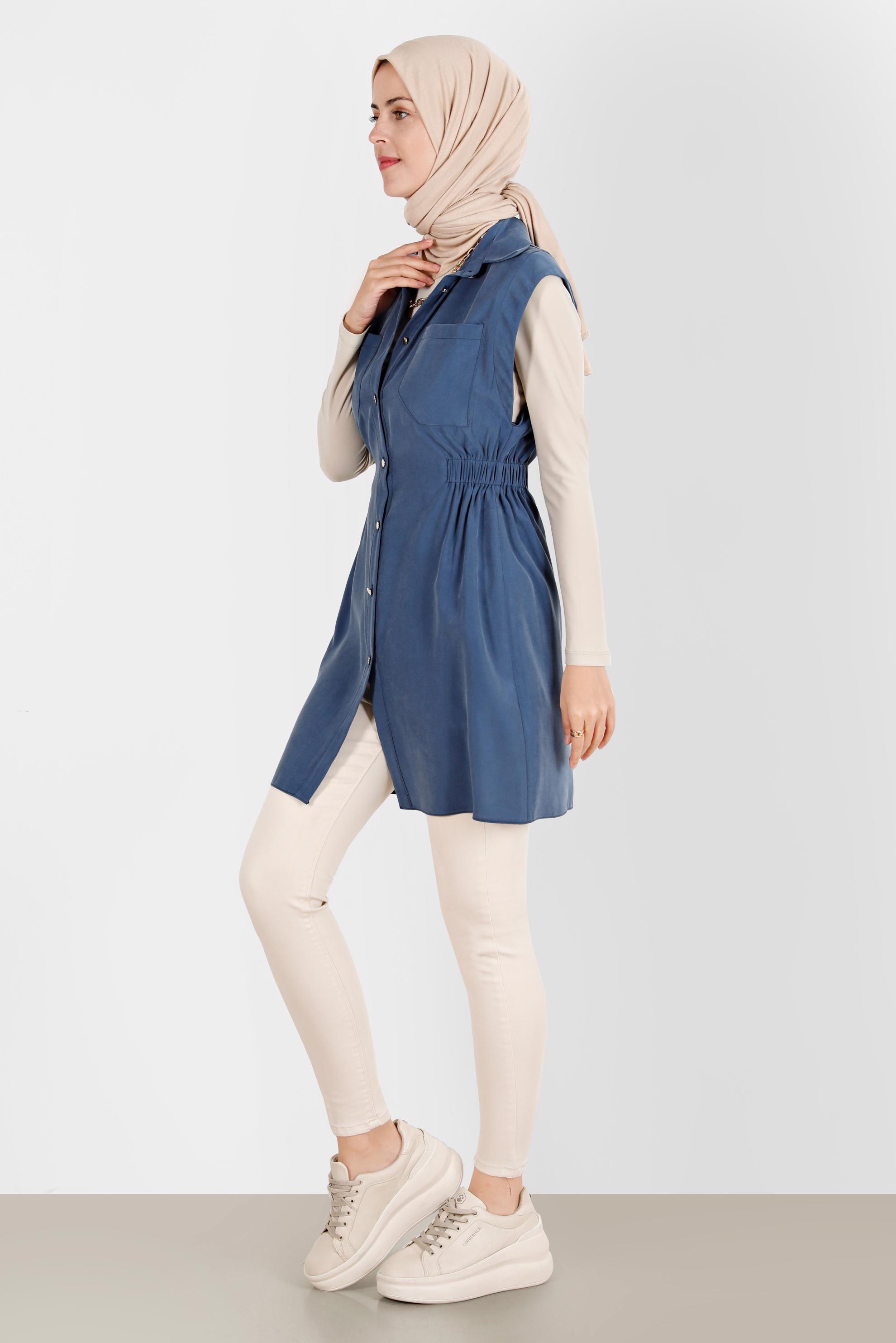 Tesettür giyim LACİVERT BELİ LASTİKLİ DÜĞMELİ YELEK 42843 