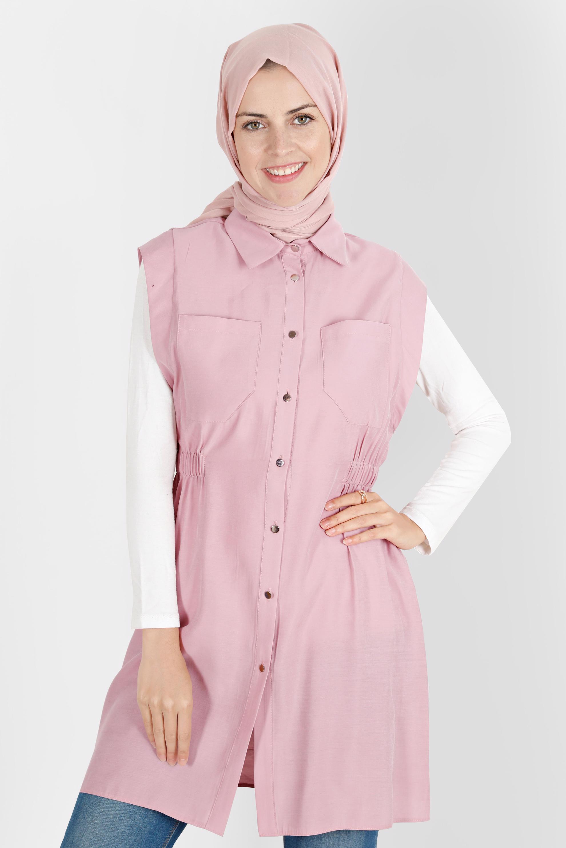 Tesettür giyim PUDRA BELİ LASTİKLİ DÜĞMELİ YELEK 42843 