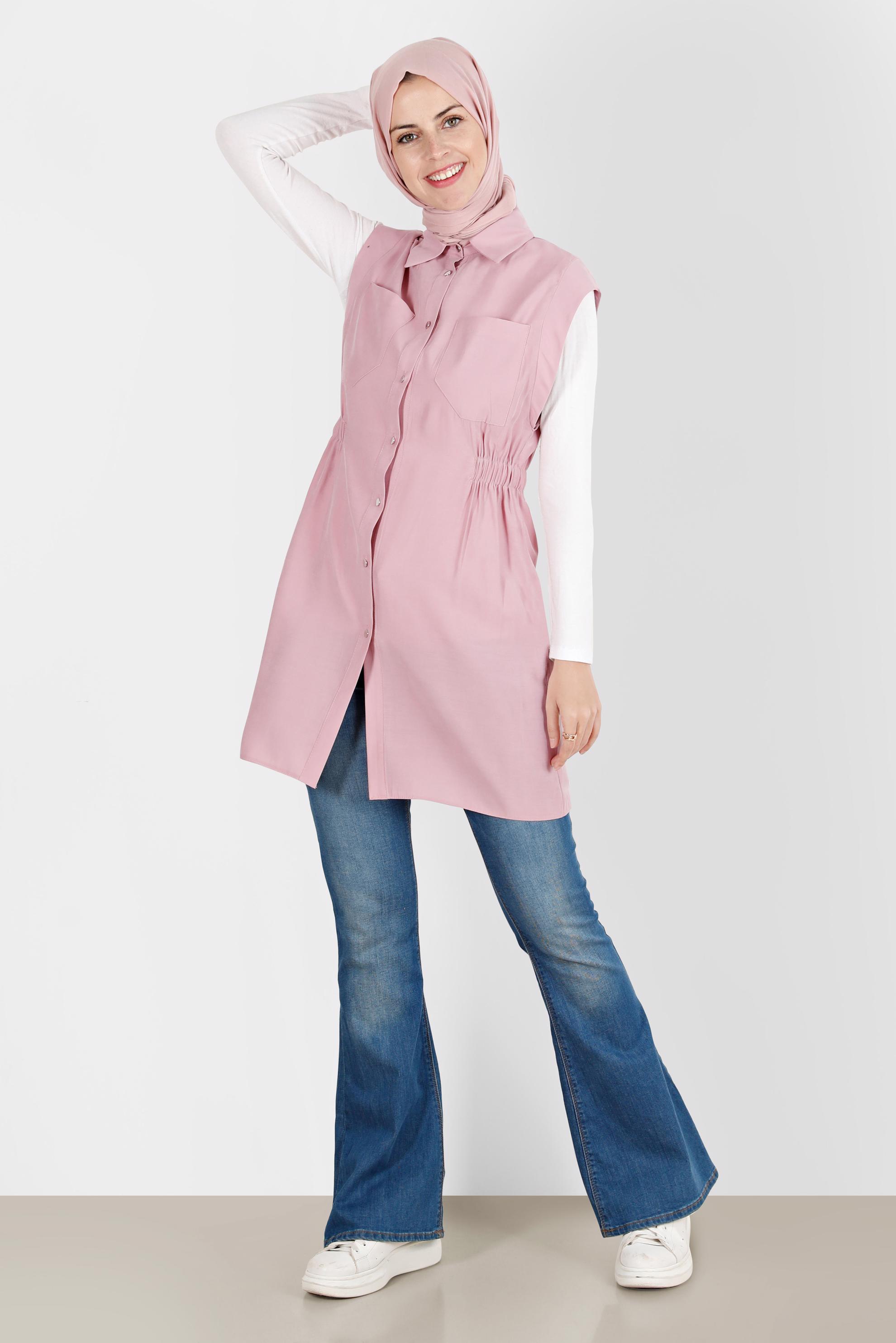 Tesettür giyim PUDRA BELİ LASTİKLİ DÜĞMELİ YELEK 42843 