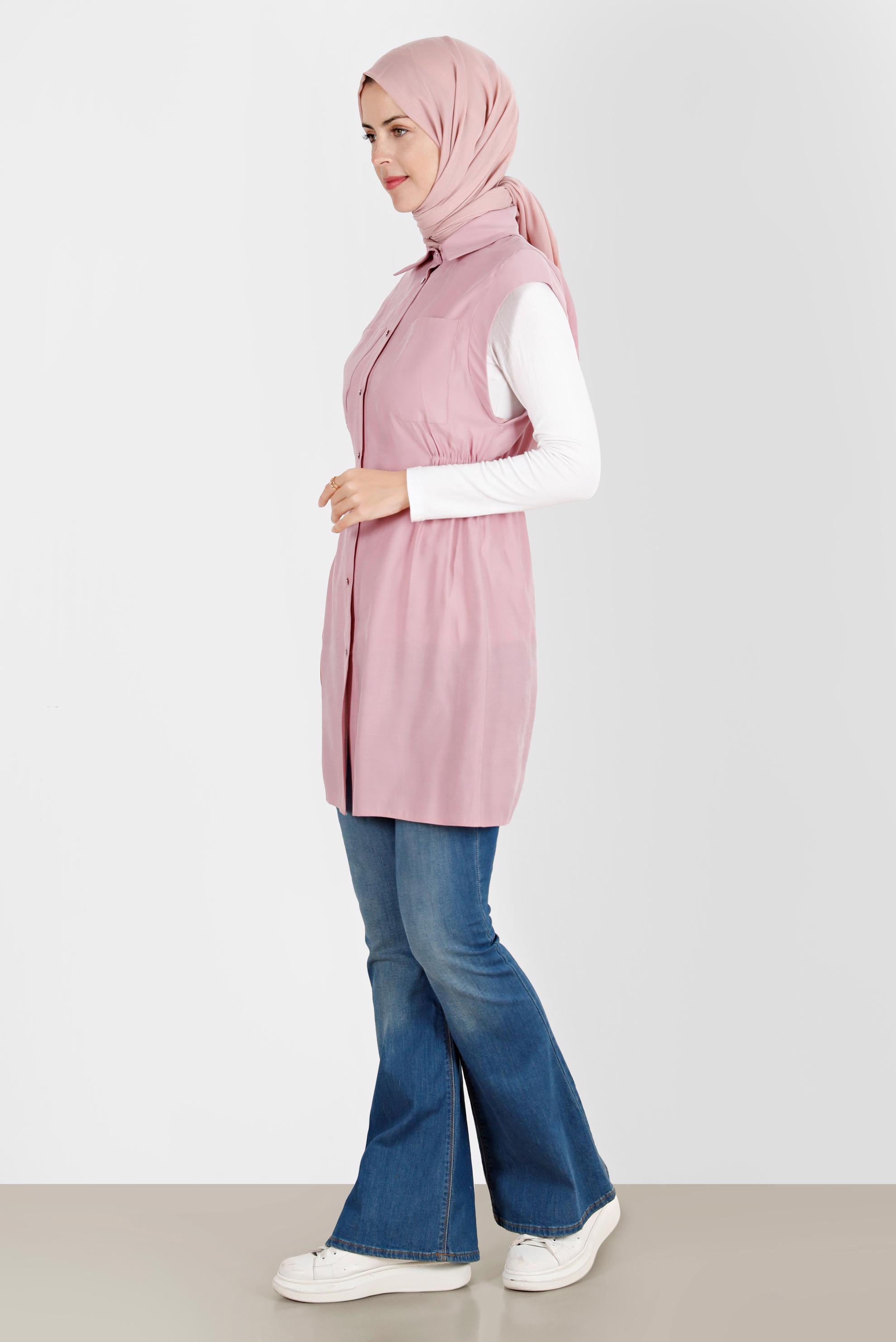 Tesettür giyim PUDRA BELİ LASTİKLİ DÜĞMELİ YELEK 42843 