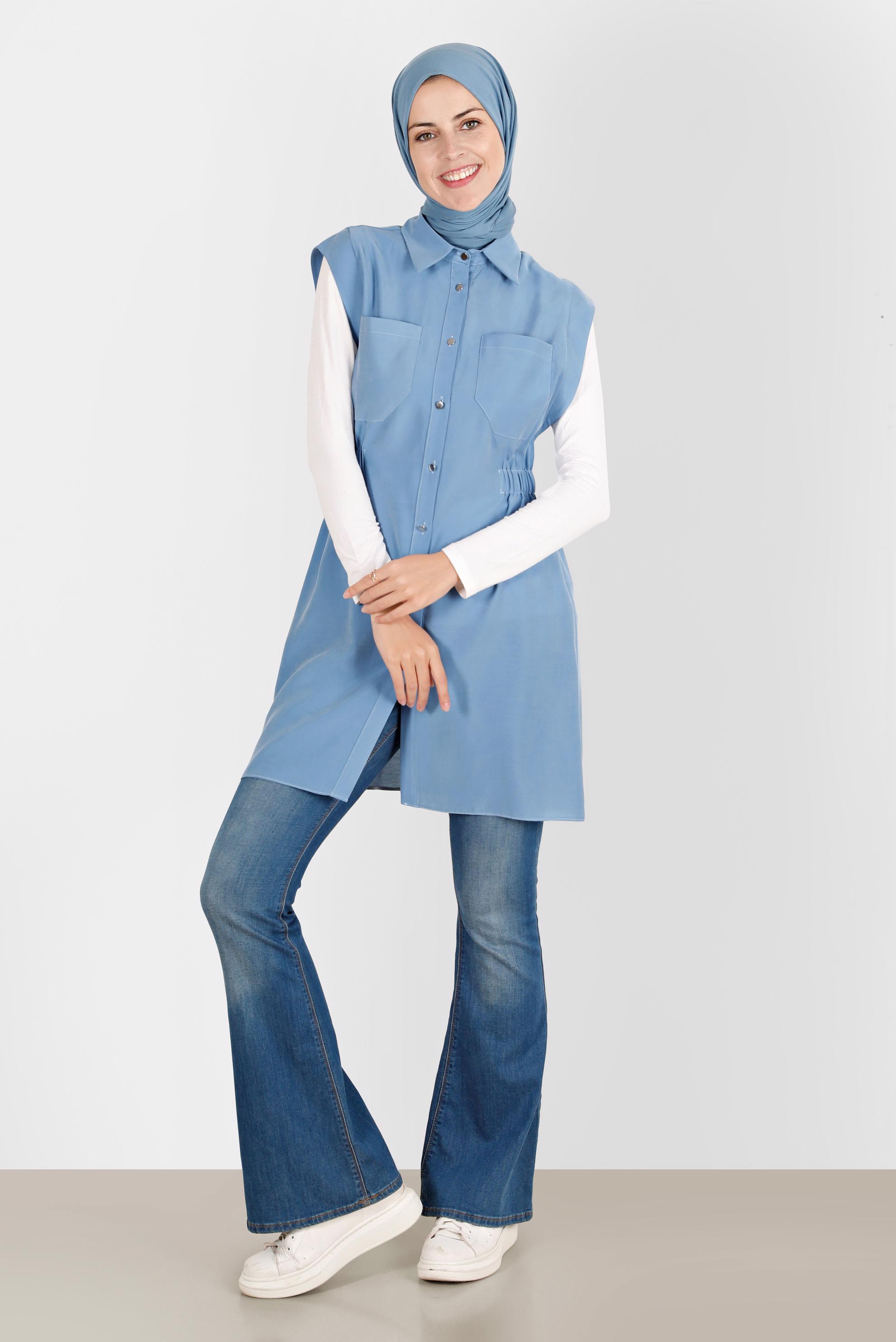 Tesettür giyim MAVİ BELİ LASTİKLİ DÜĞMELİ YELEK 42843 