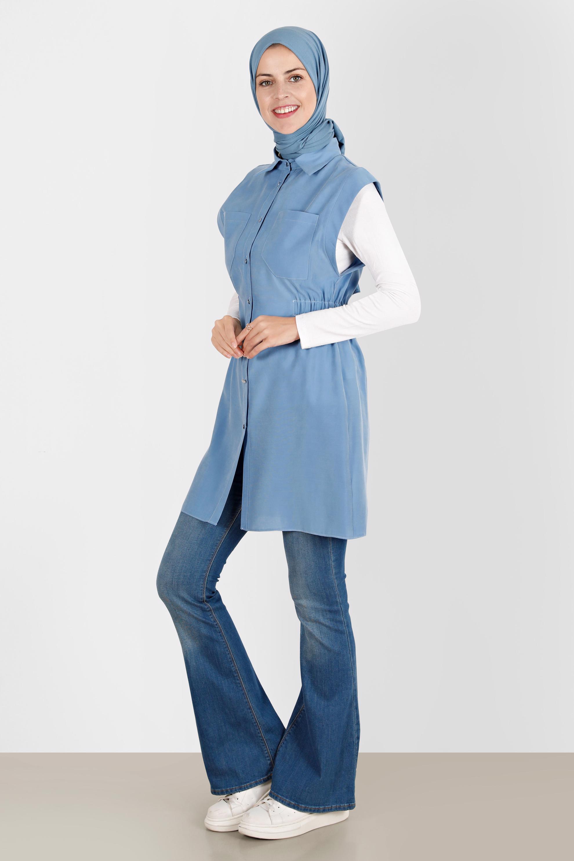 Tesettür giyim MAVİ BELİ LASTİKLİ DÜĞMELİ YELEK 42843 