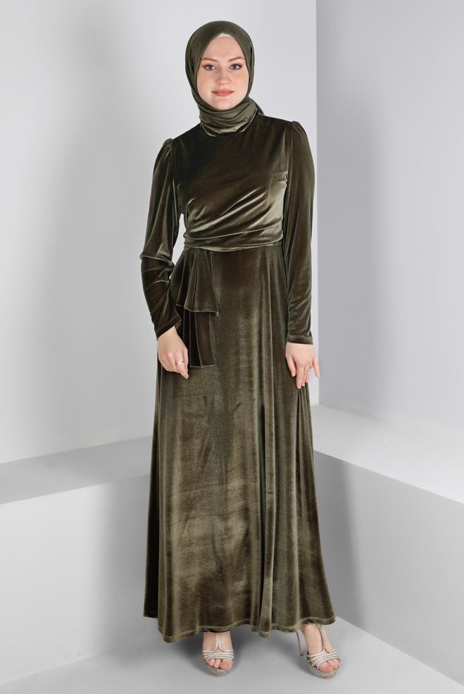 Vêtements hijab KAKI ROBE DE SOIRÉE EN VELOURS NOUÉ À LA MAIN 50281 - ALVİNA