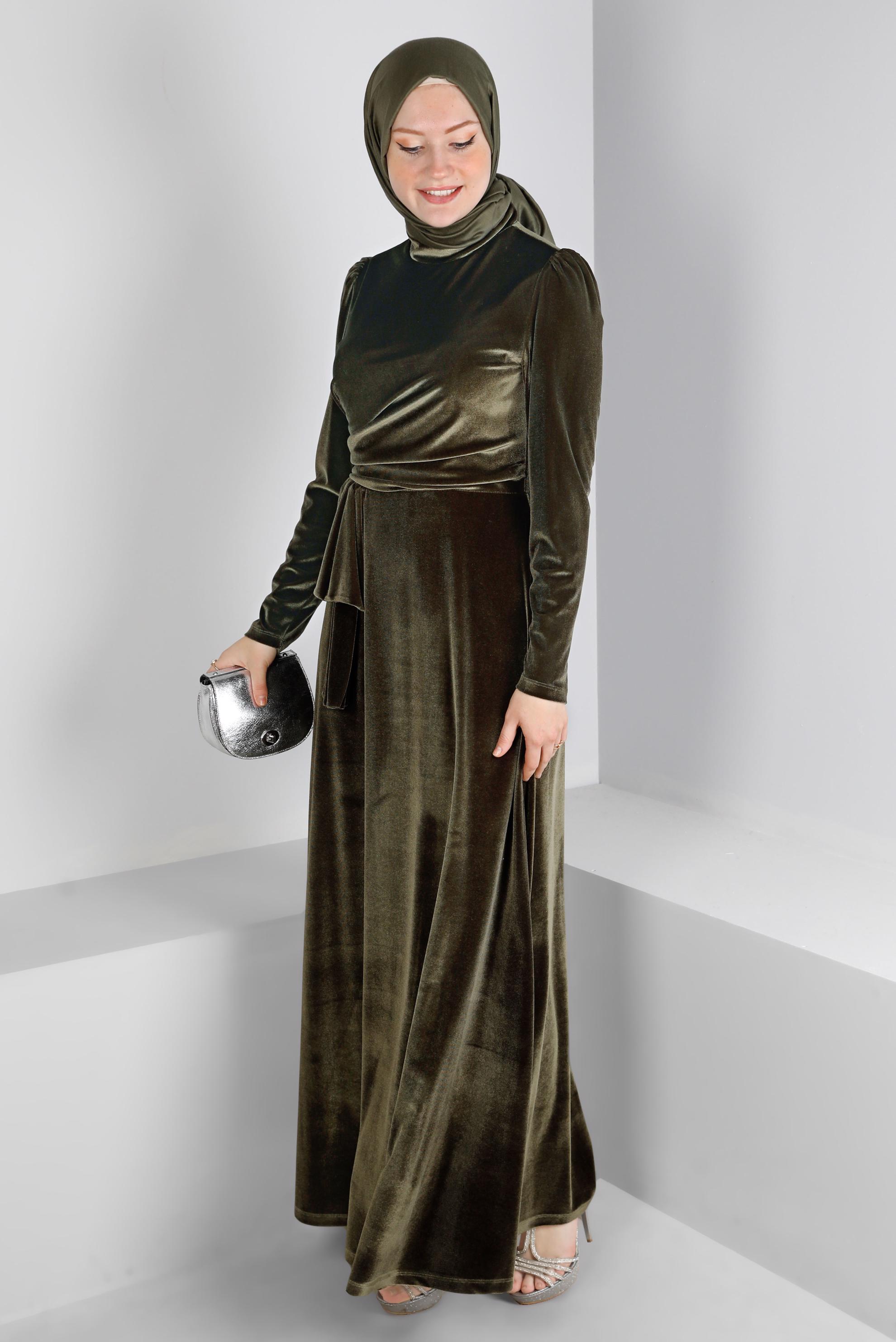 Vêtements hijab KAKI ROBE DE SOIRÉE EN VELOURS NOUÉ À LA MAIN 50281