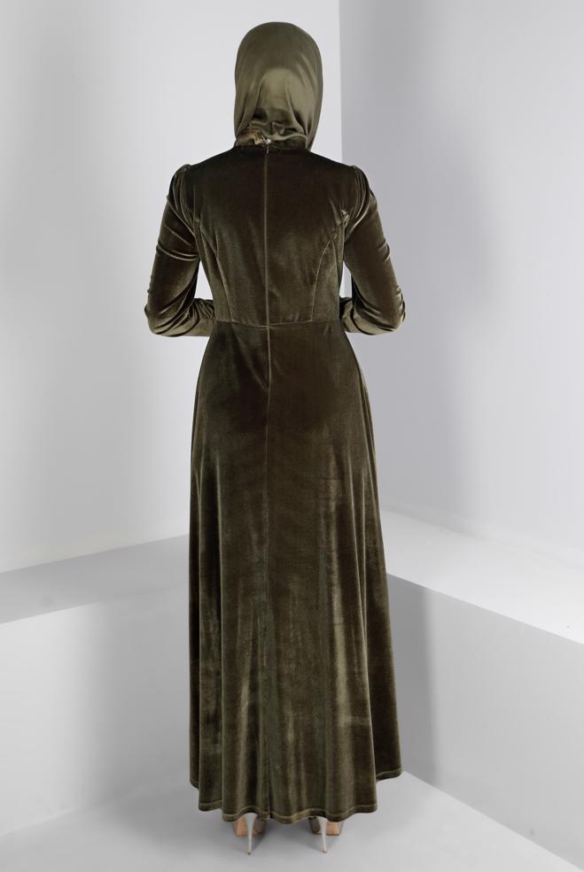 Vêtements hijab KAKI ROBE DE SOIRÉE EN VELOURS NOUÉ À LA MAIN 50281 - ALVİNA