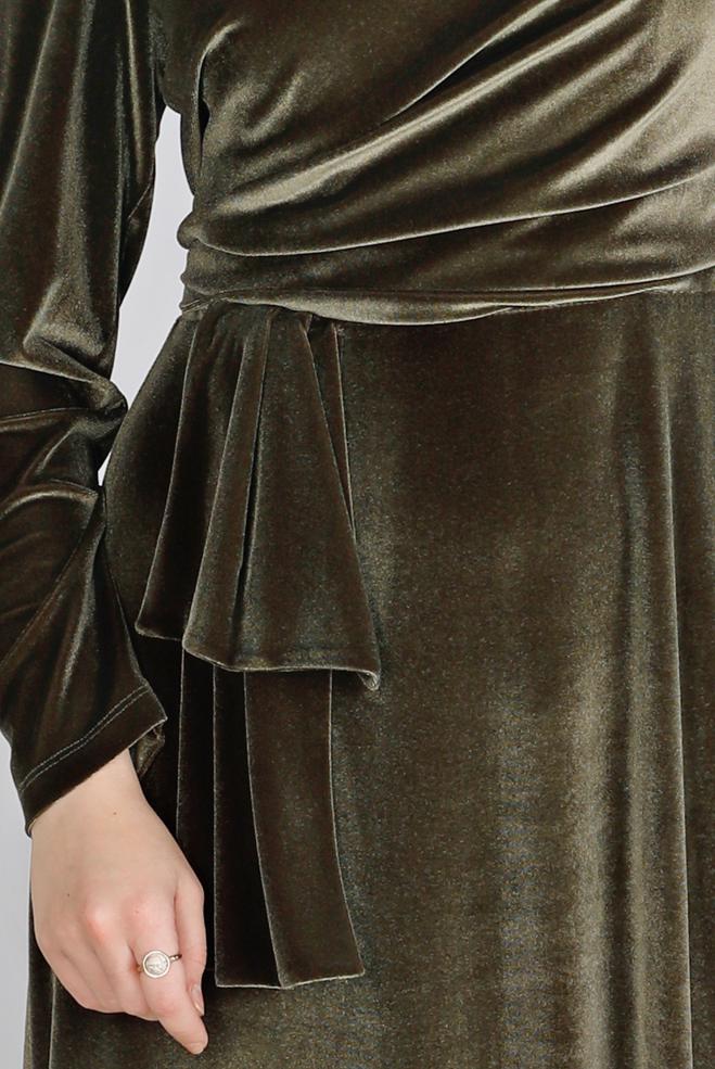 Vêtements hijab KAKI ROBE DE SOIRÉE EN VELOURS NOUÉ À LA MAIN 50281 - ALVİNA