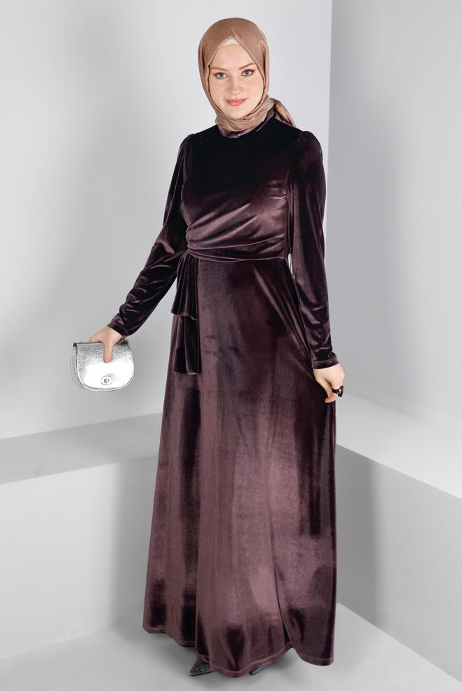 Vêtements hijab BRUN ROBE DE SOIRÉE EN VELOURS NOUÉ À LA MAIN 50281 - ALVİNA