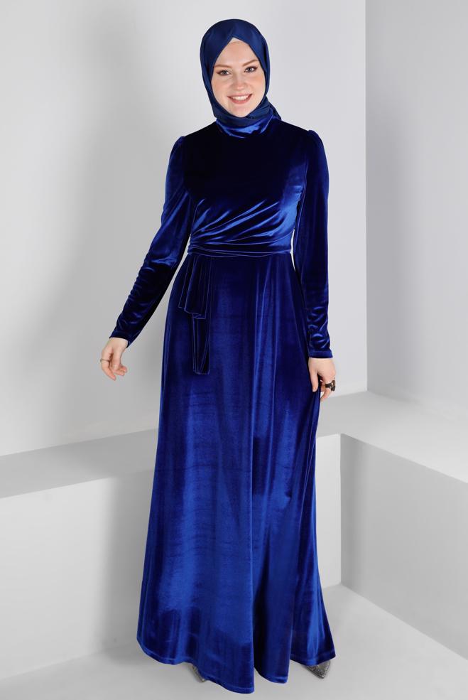 Vêtements hijab BLEU MARINE ROBE DE SOIRÉE EN VELOURS NOUÉ À LA MAIN 50281 - ALVİNA