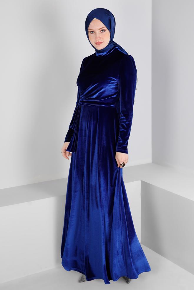 Vêtements hijab BLEU MARINE ROBE DE SOIRÉE EN VELOURS NOUÉ À LA MAIN 50281 - ALVİNA