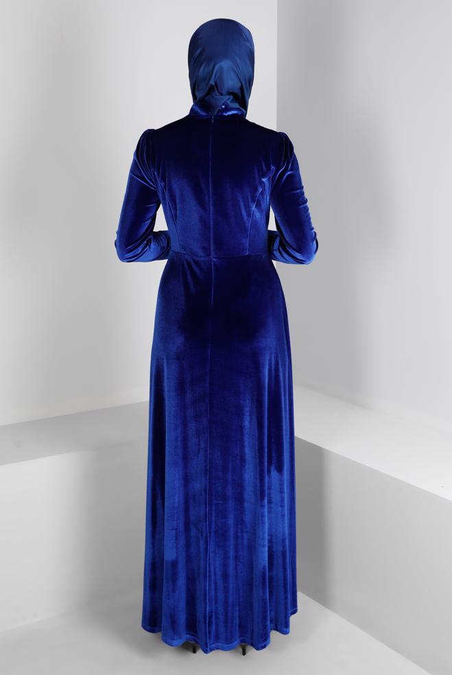 Vêtements hijab BLEU MARINE ROBE DE SOIRÉE EN VELOURS NOUÉ À LA MAIN 50281 - ALVİNA