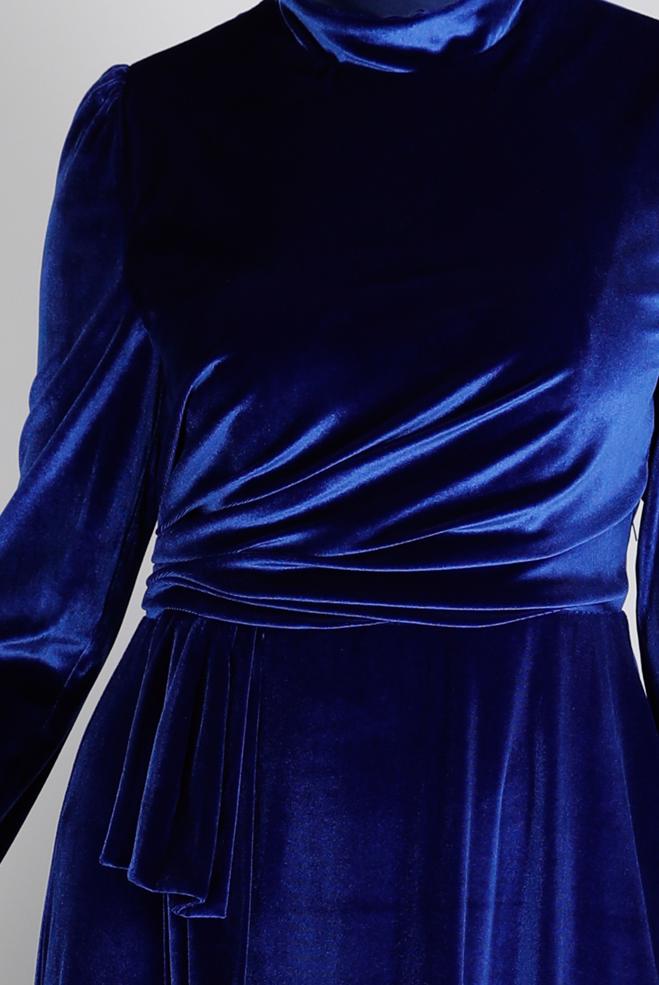 Vêtements hijab BLEU MARINE ROBE DE SOIRÉE EN VELOURS NOUÉ À LA MAIN 50281 - ALVİNA