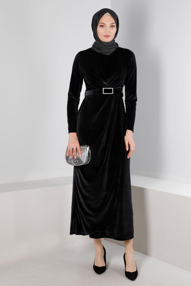 Vêtements hijab NOIR ROBE DE SOIRÉE EN VELOURS AVEC CEINTURE À GEMMES 50282 - ALVİNA