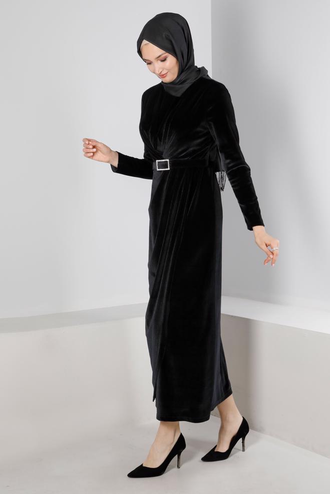 Vêtements hijab NOIR ROBE DE SOIRÉE EN VELOURS AVEC CEINTURE À GEMMES 50282 - ALVİNA