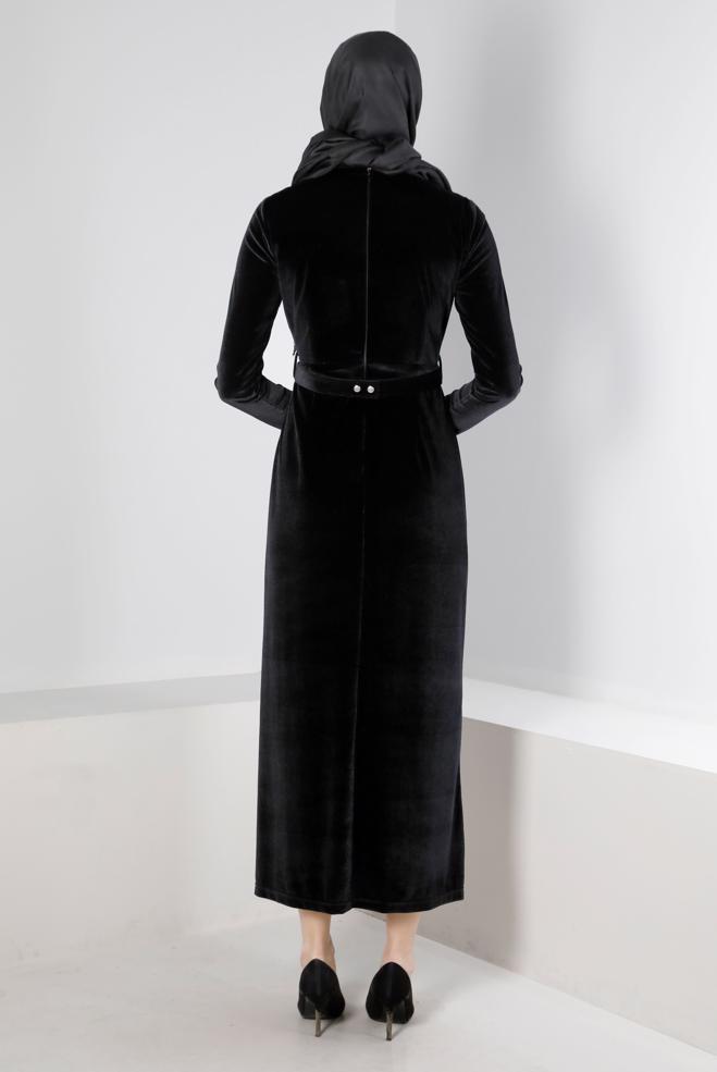 Vêtements hijab NOIR ROBE DE SOIRÉE EN VELOURS AVEC CEINTURE À GEMMES 50282 - ALVİNA