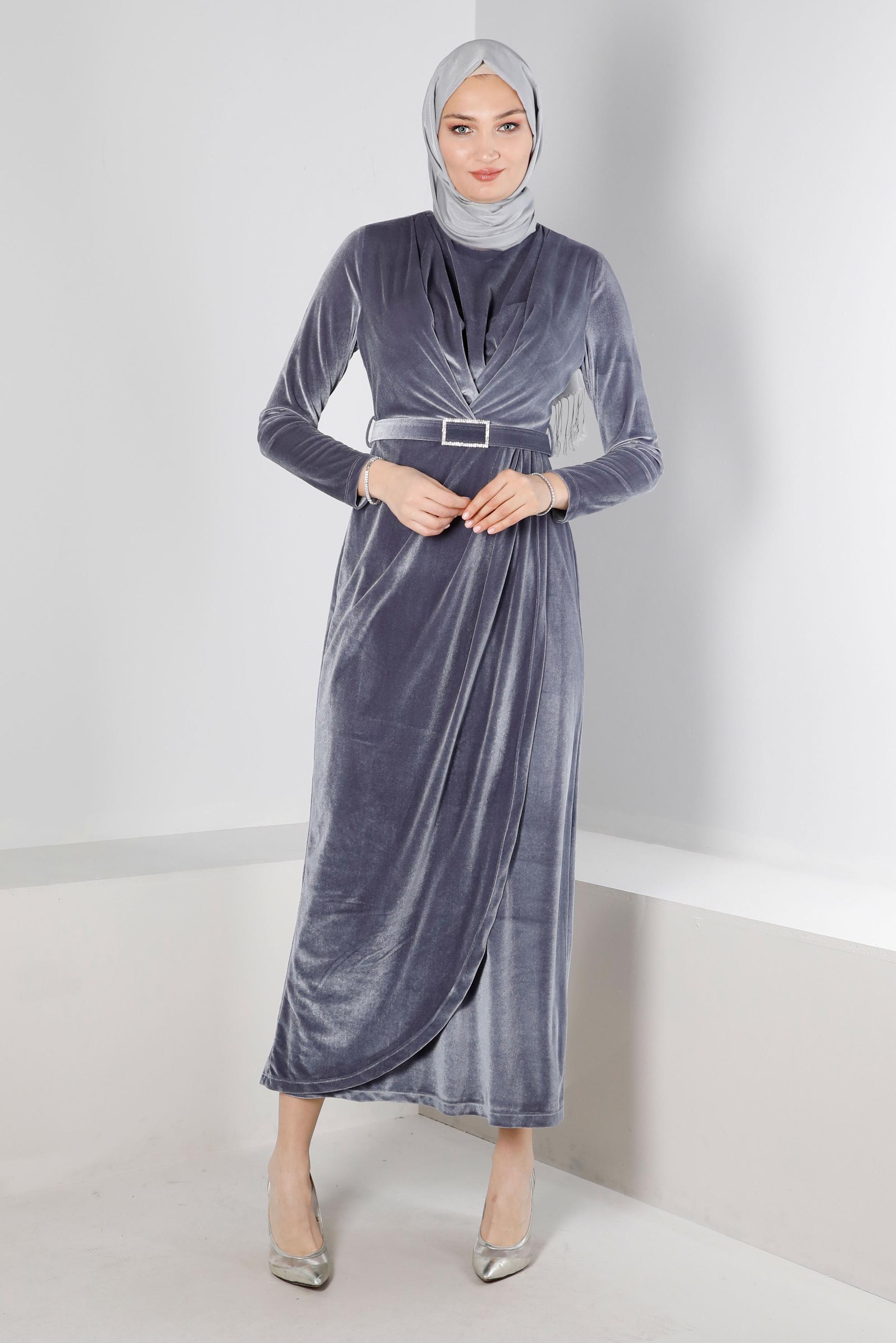 Vêtements hijab ARGENT ROBE DE SOIRÉE EN VELOURS AVEC CEINTURE À GEMMES 50282