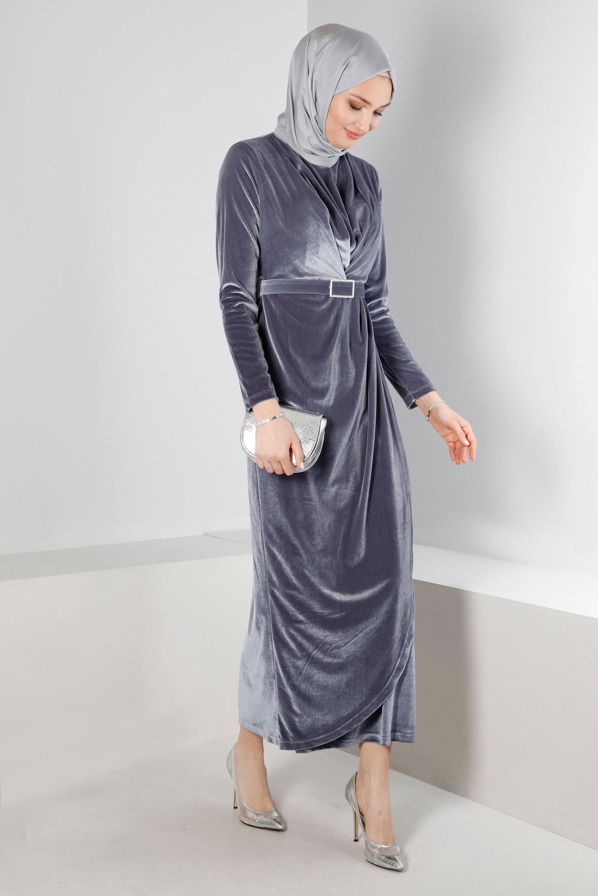 Vêtements hijab ARGENT ROBE DE SOIRÉE EN VELOURS AVEC CEINTURE À GEMMES 50282