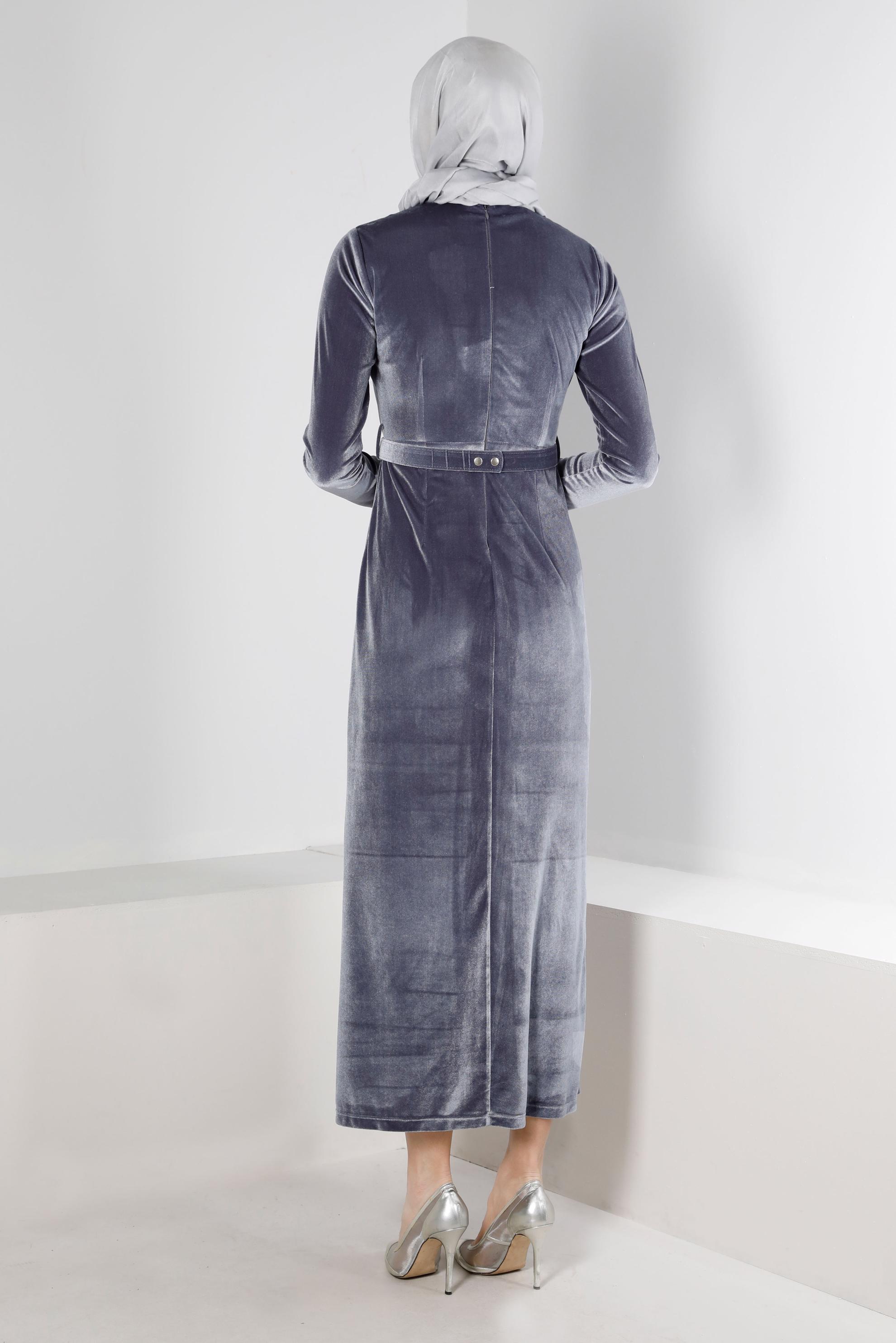 Vêtements hijab ARGENT ROBE DE SOIRÉE EN VELOURS AVEC CEINTURE À GEMMES 50282