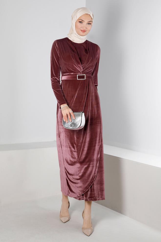 Vêtements hijab ROSE ROBE DE SOIRÉE EN VELOURS AVEC CEINTURE À GEMMES 50282 - ALVİNA