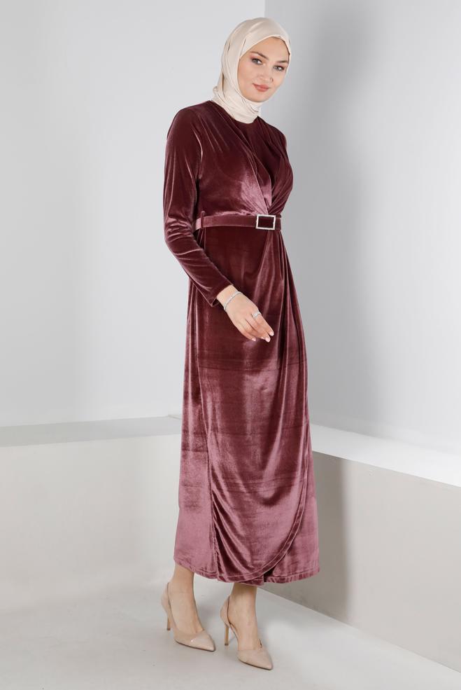Vêtements hijab ROSE ROBE DE SOIRÉE EN VELOURS AVEC CEINTURE À GEMMES 50282 - ALVİNA