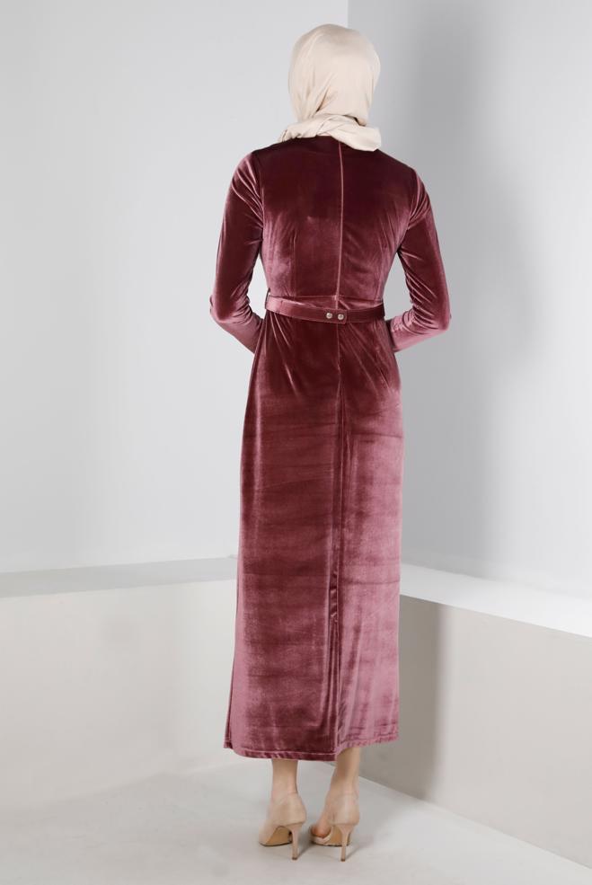 Vêtements hijab ROSE ROBE DE SOIRÉE EN VELOURS AVEC CEINTURE À GEMMES 50282 - ALVİNA