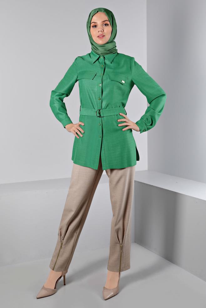 Vêtements hijab VERT BLOUSE BOUTONNÉE CEINTURE 43368 - ALVİNA