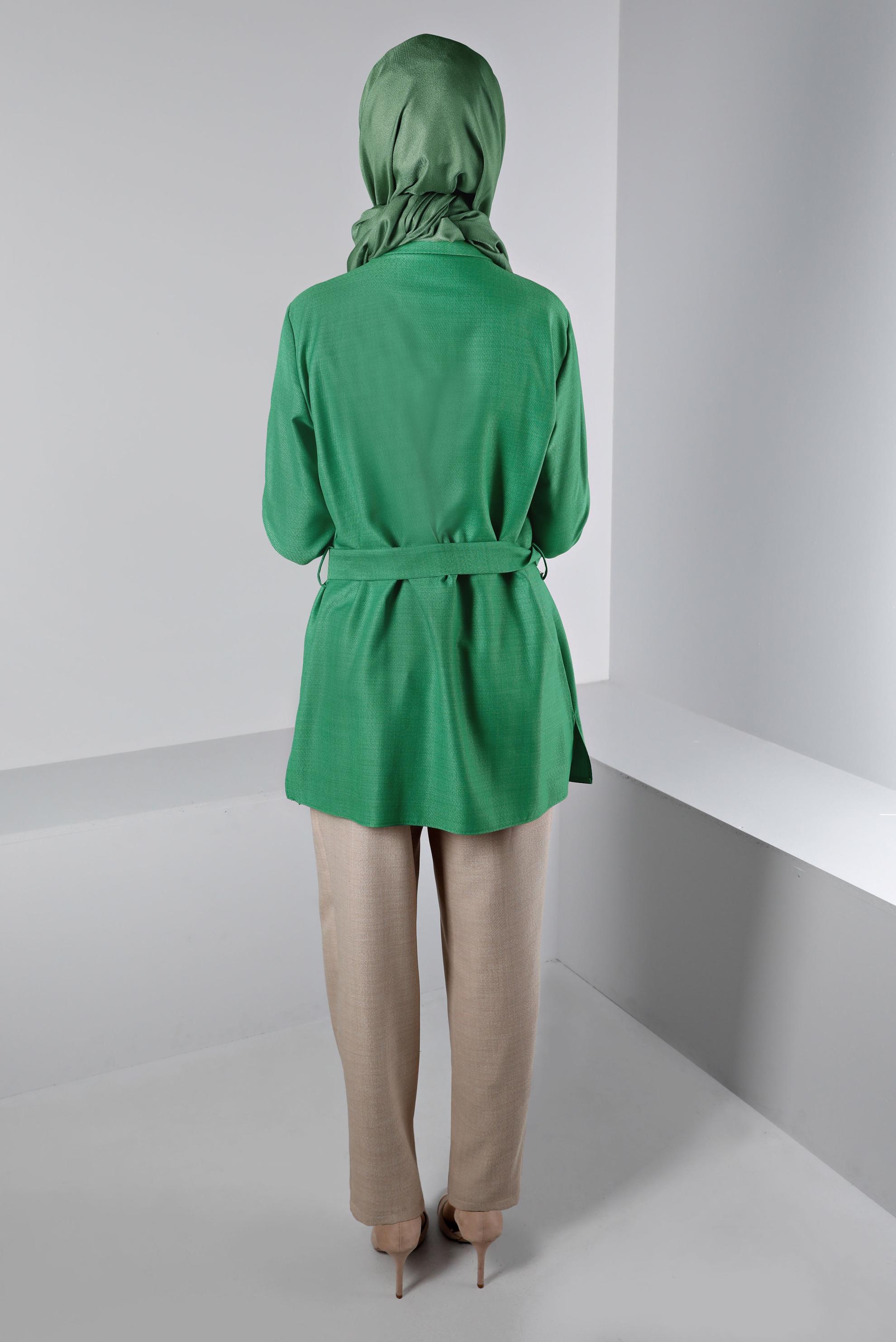 Tesettür giyim YEŞİL KUŞAKLI DÜĞMELİ BLUZ 43368