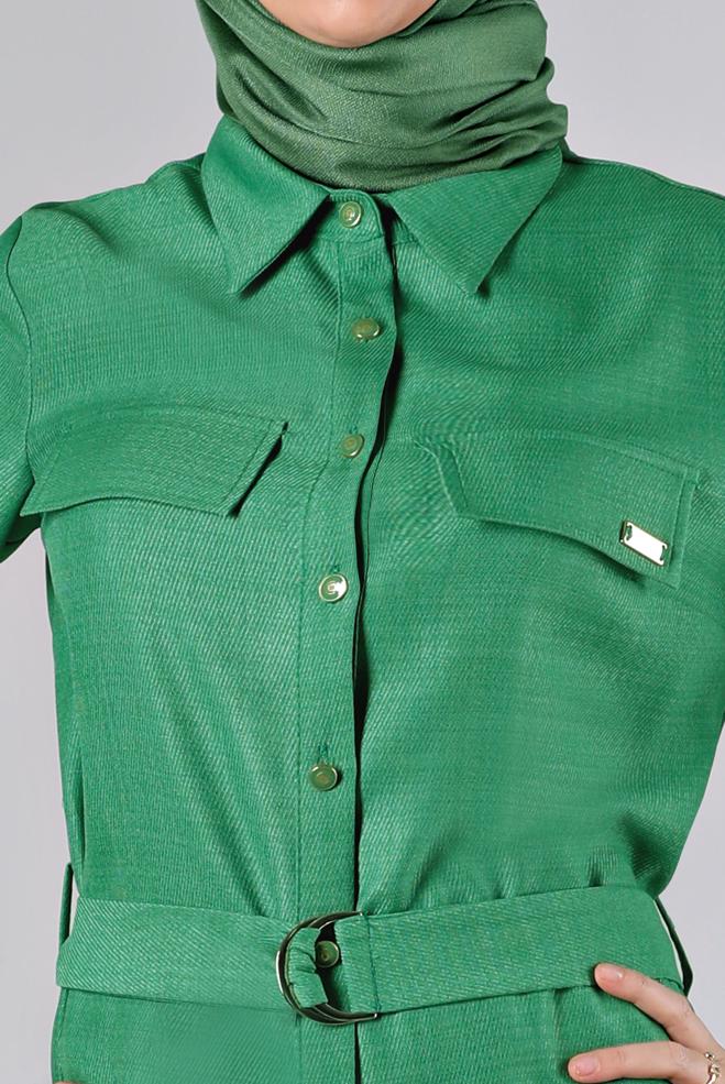 Vêtements hijab VERT BLOUSE BOUTONNÉE CEINTURE 43368 - ALVİNA