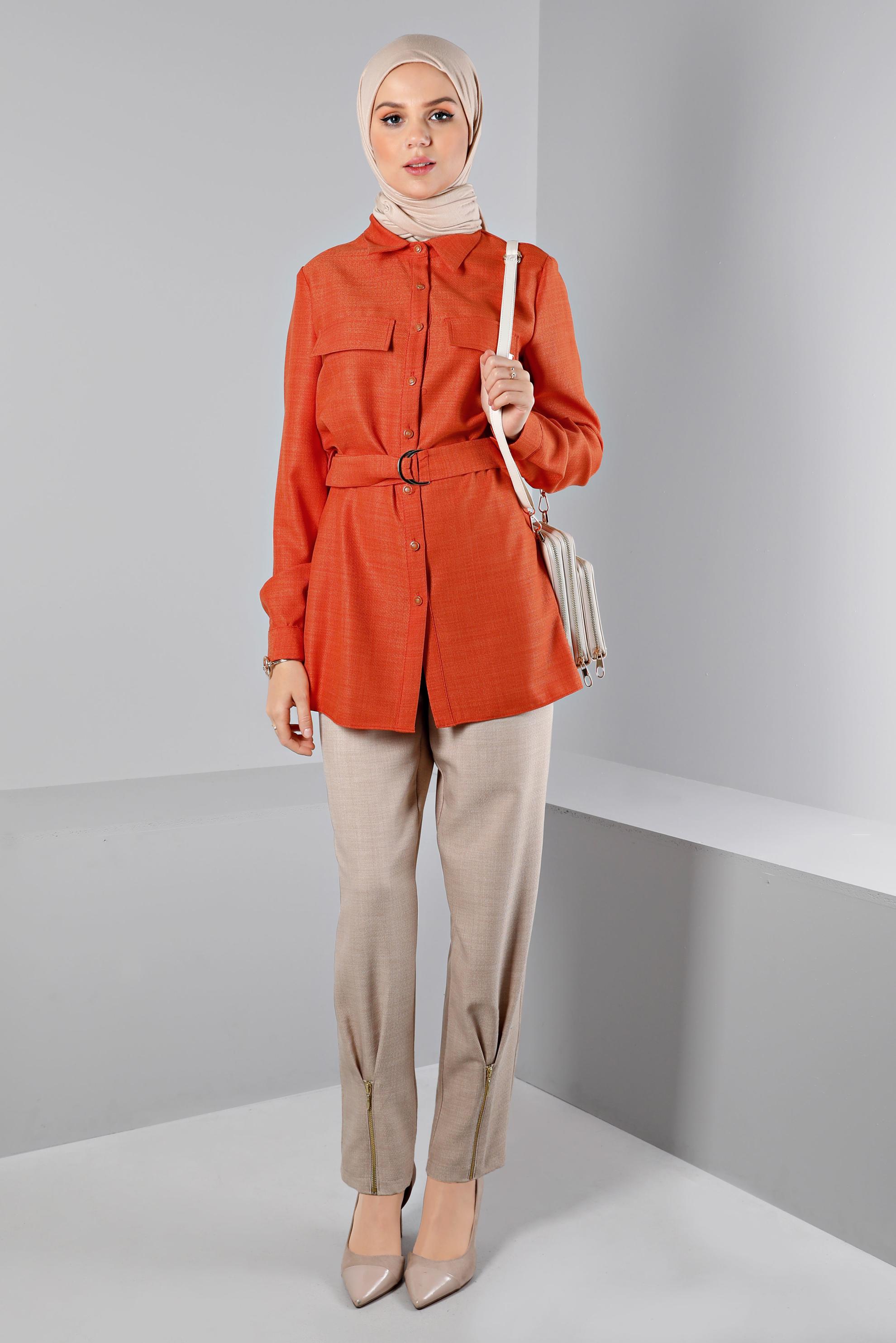 Tesettür giyim TURUNCU KUŞAKLI DÜĞMELİ BLUZ 43368