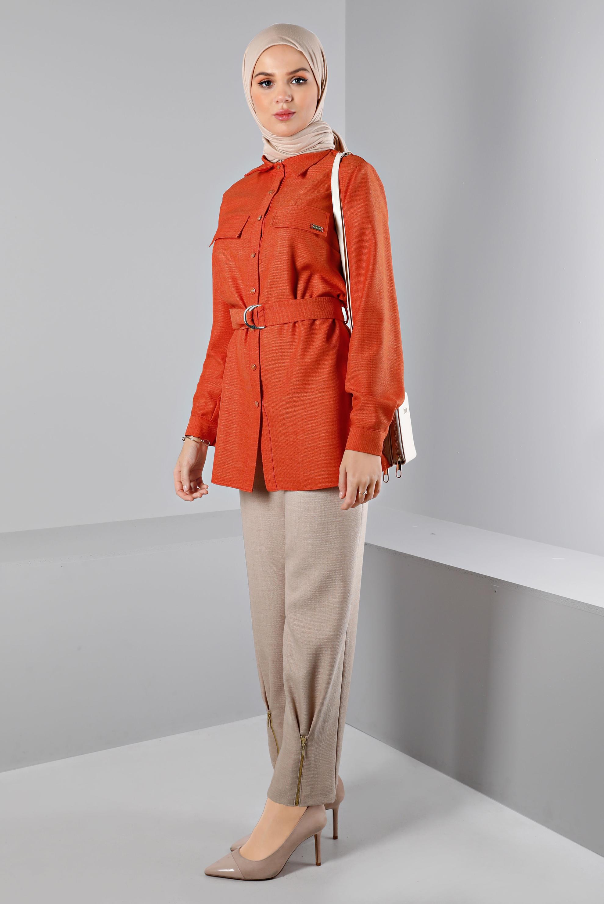 Tesettür giyim TURUNCU KUŞAKLI DÜĞMELİ BLUZ 43368