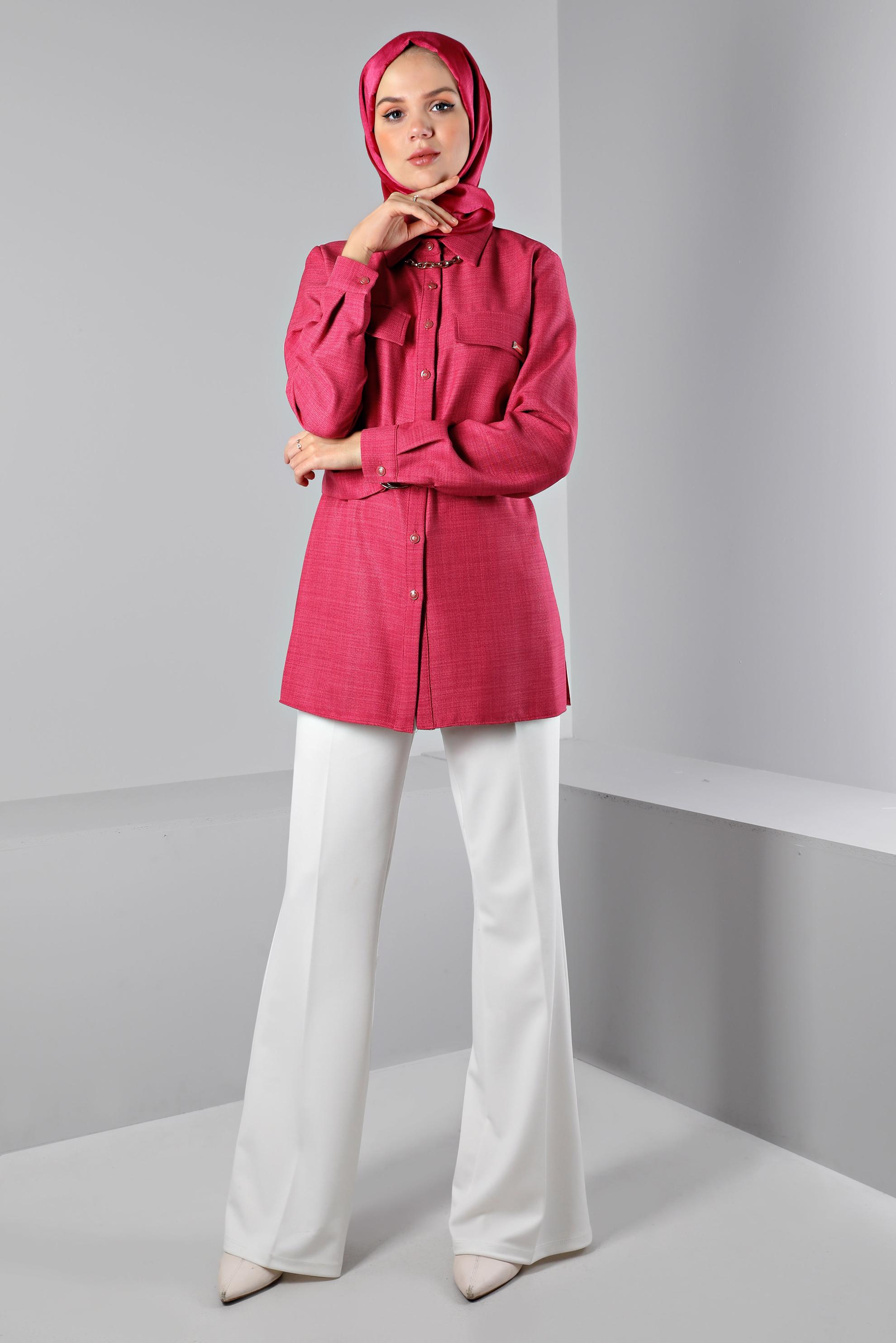 Tesettür giyim FUŞYA KUŞAKLI DÜĞMELİ BLUZ 43368