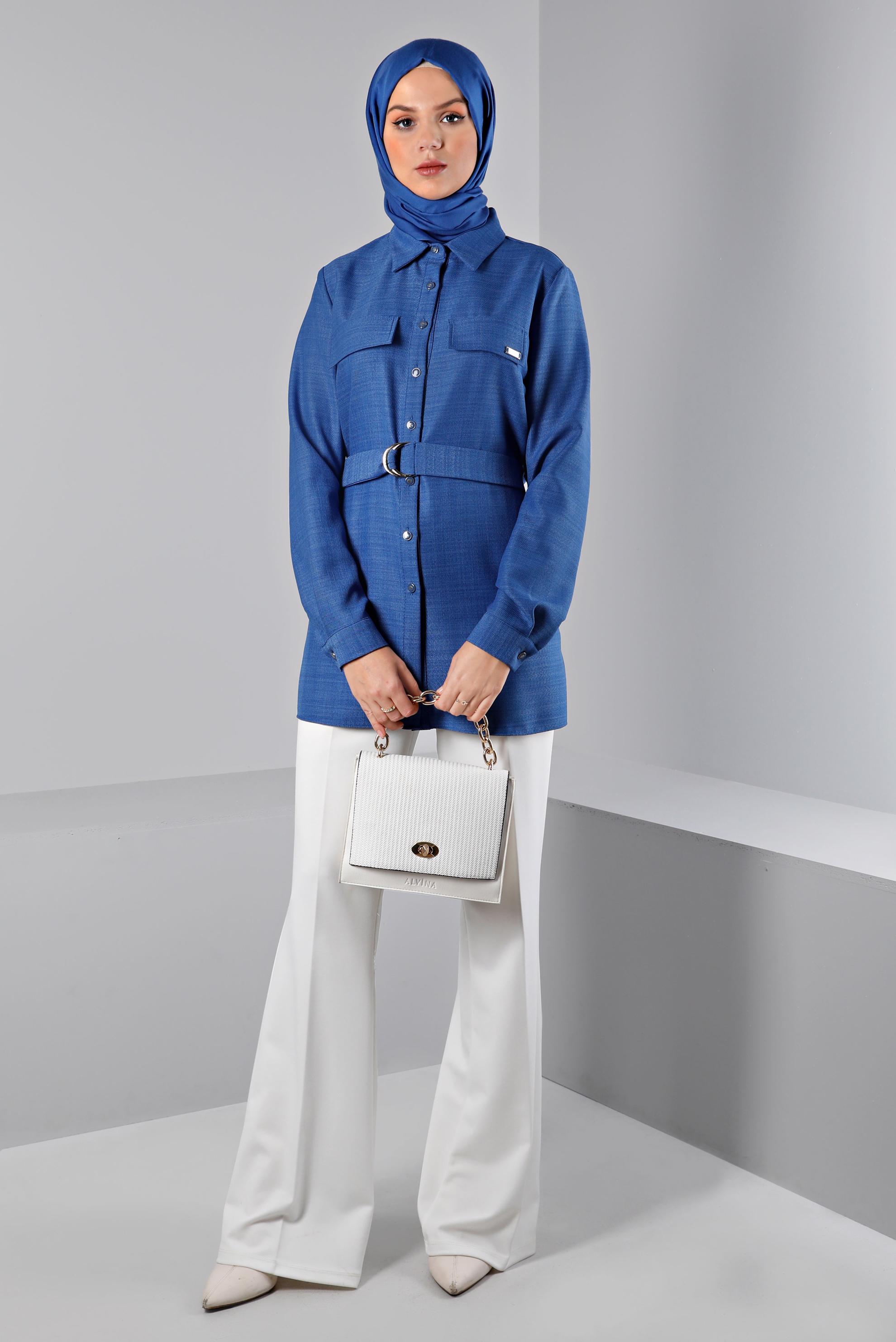 Tesettür giyim MAVİ KUŞAKLI DÜĞMELİ BLUZ 43368