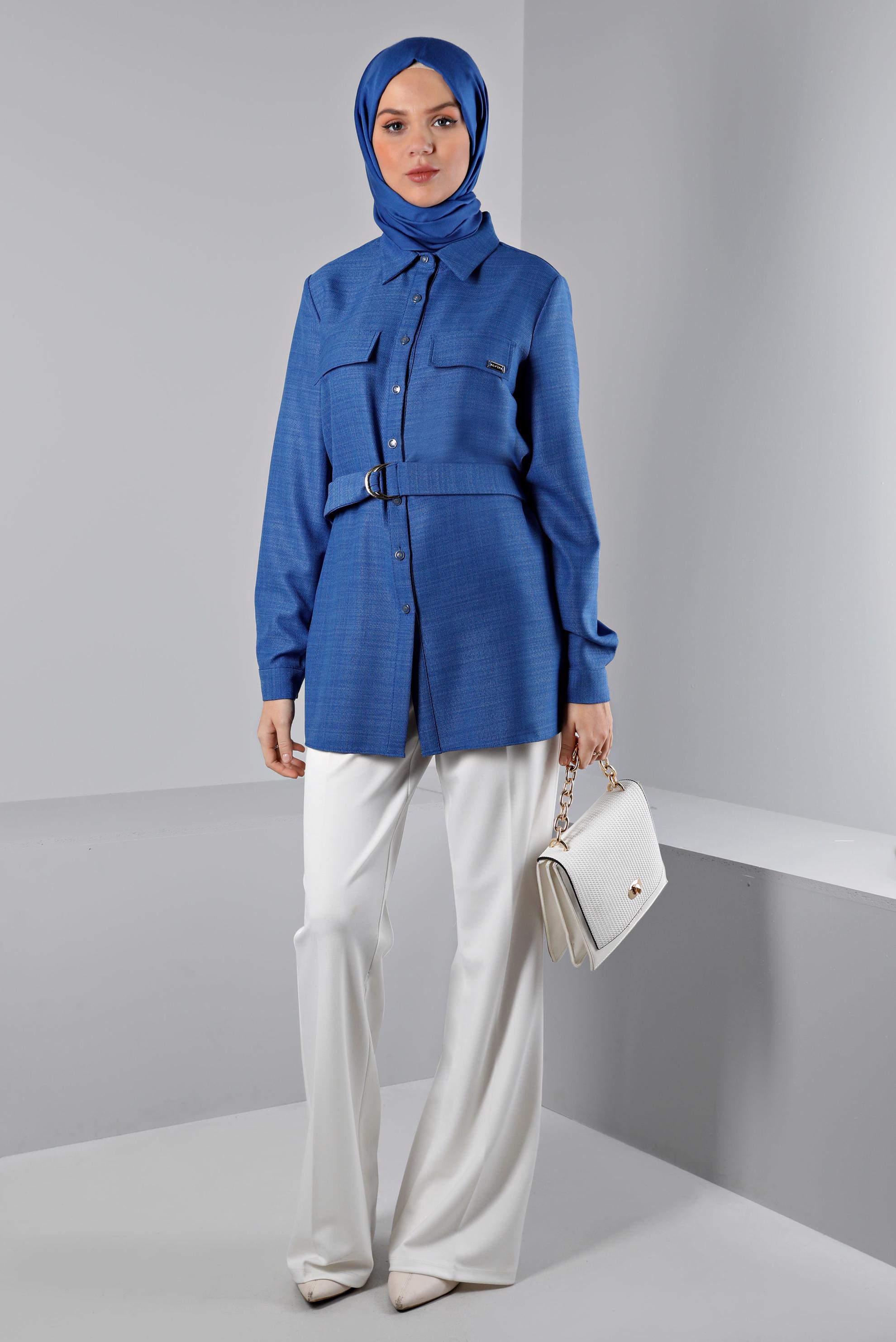 Tesettür giyim MAVİ KUŞAKLI DÜĞMELİ BLUZ 43368
