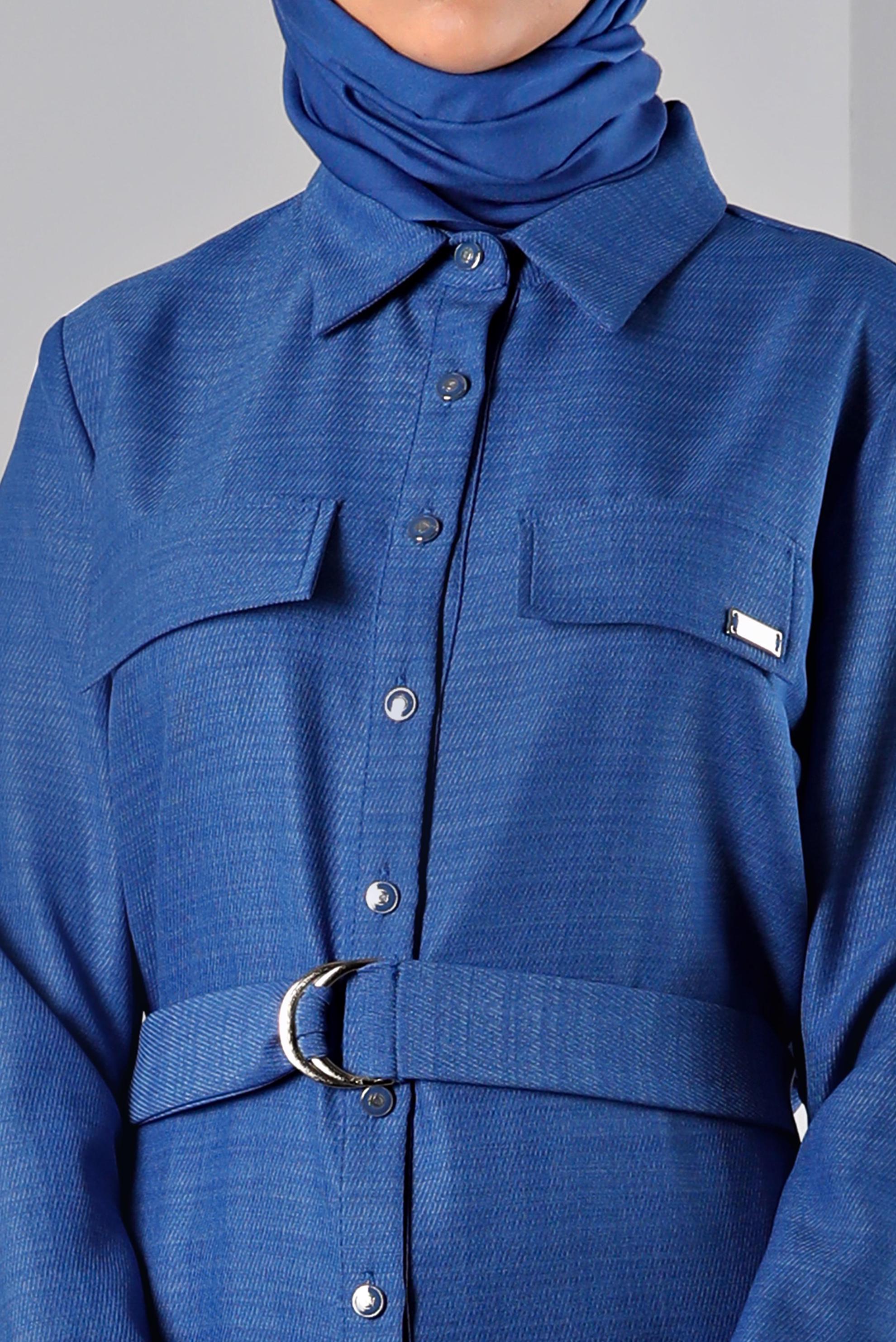 Tesettür giyim MAVİ KUŞAKLI DÜĞMELİ BLUZ 43368