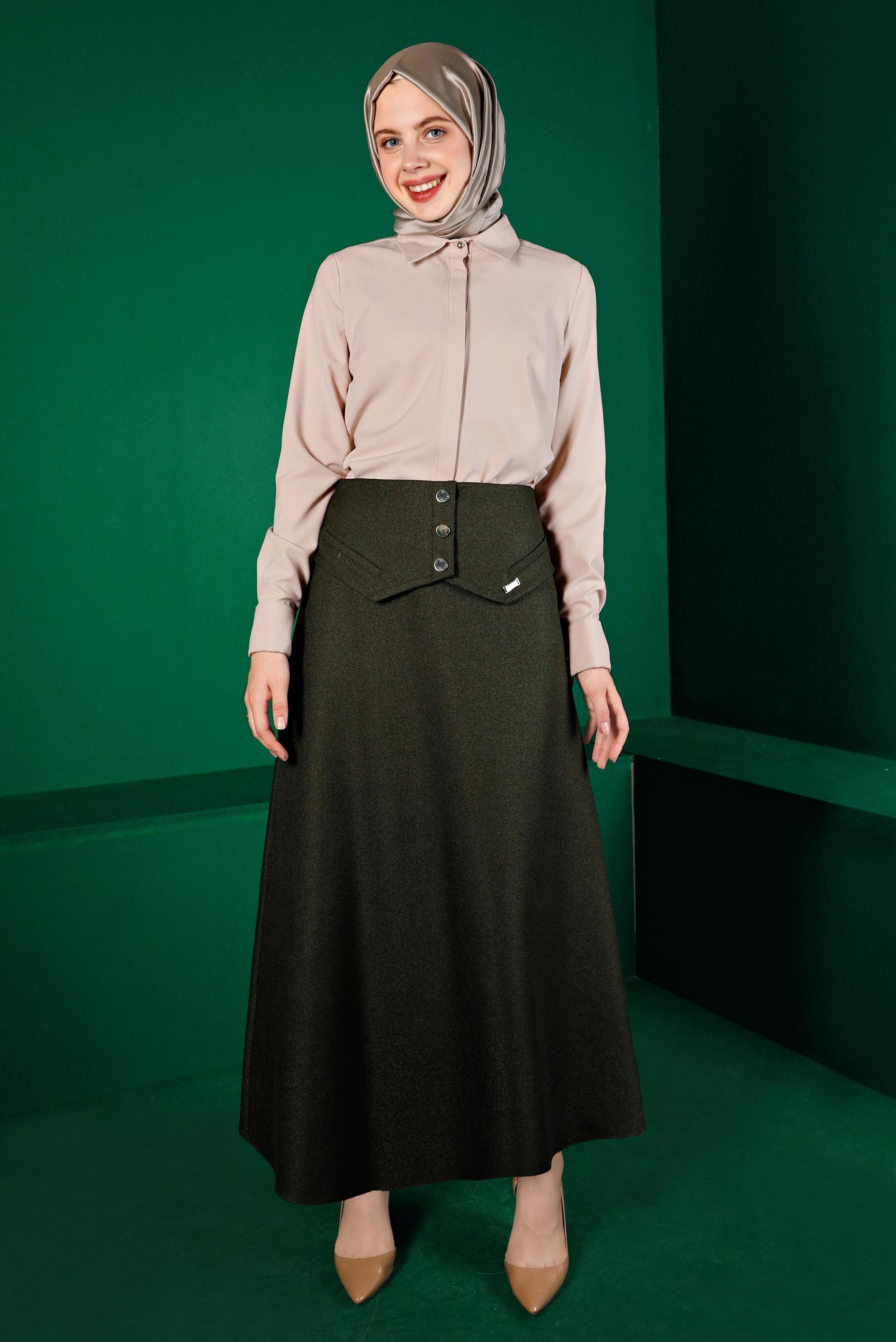 Tesettür giyim EKRU GİZLİ DÜĞMELİ BLUZ 43373 