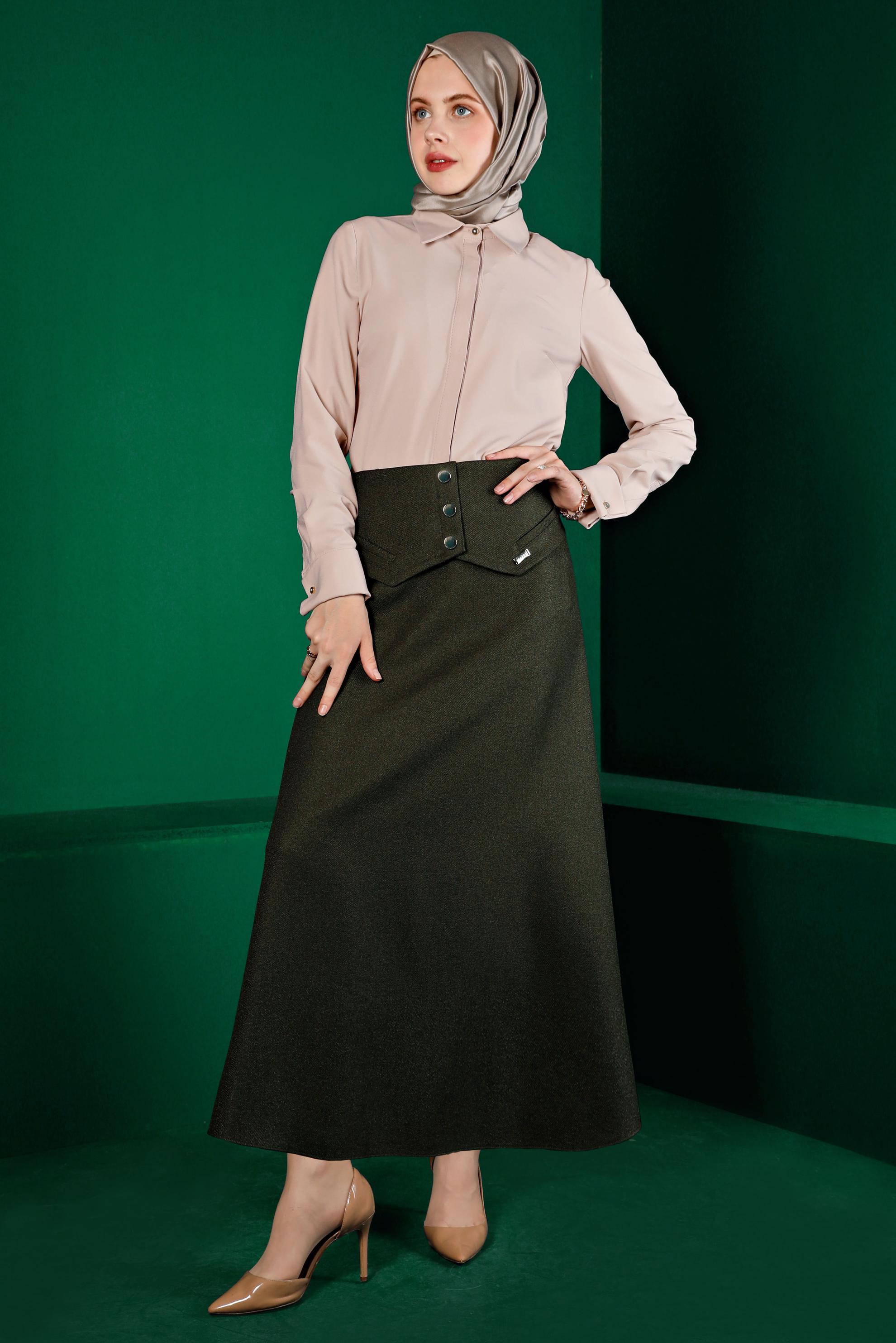 Tesettür giyim EKRU GİZLİ DÜĞMELİ BLUZ 43373 