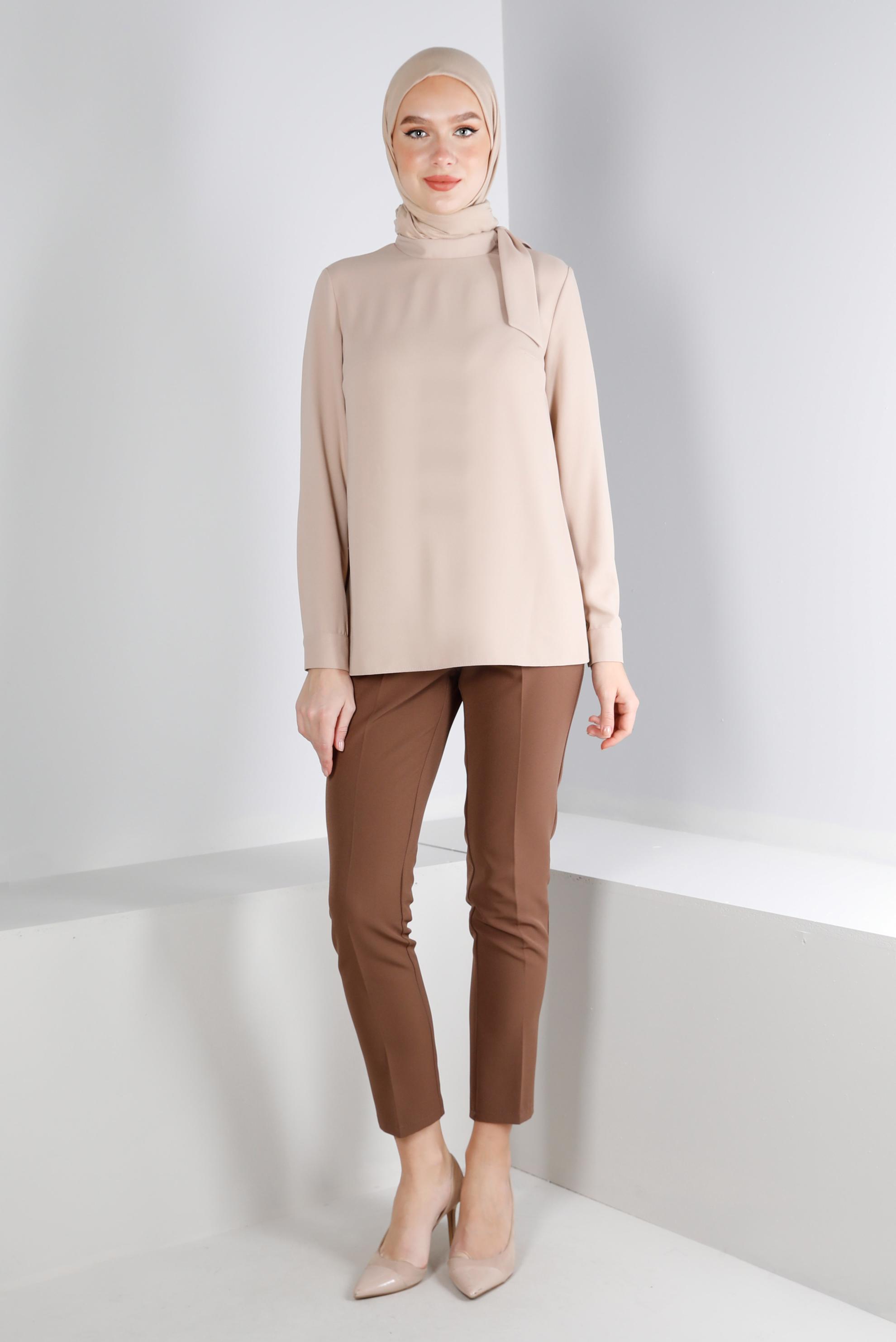 Hijab clothing BEIGE TIE DETAIL CREPE BLOUSE 43381