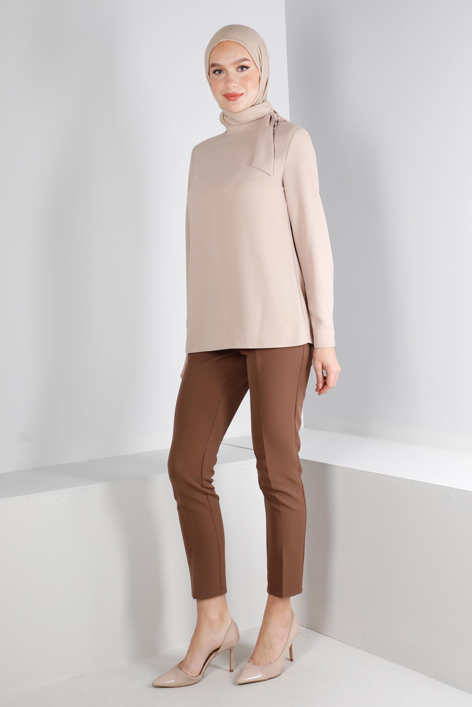 Hijab clothing BEIGE TIE DETAIL CREPE BLOUSE 43381