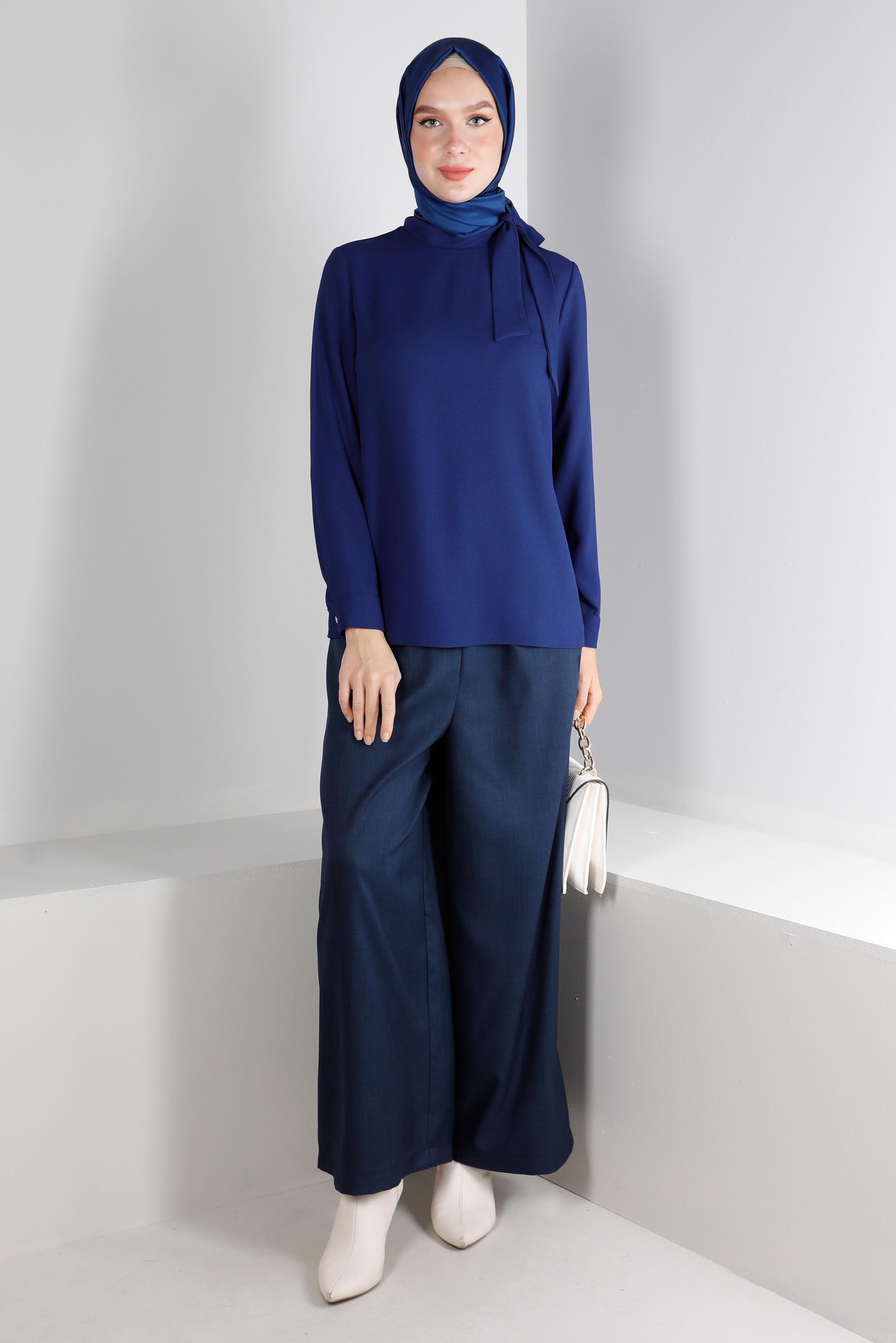 Tesettür giyim LACİVERT BAĞLAMA DETAYLI KREP BLUZ 43381