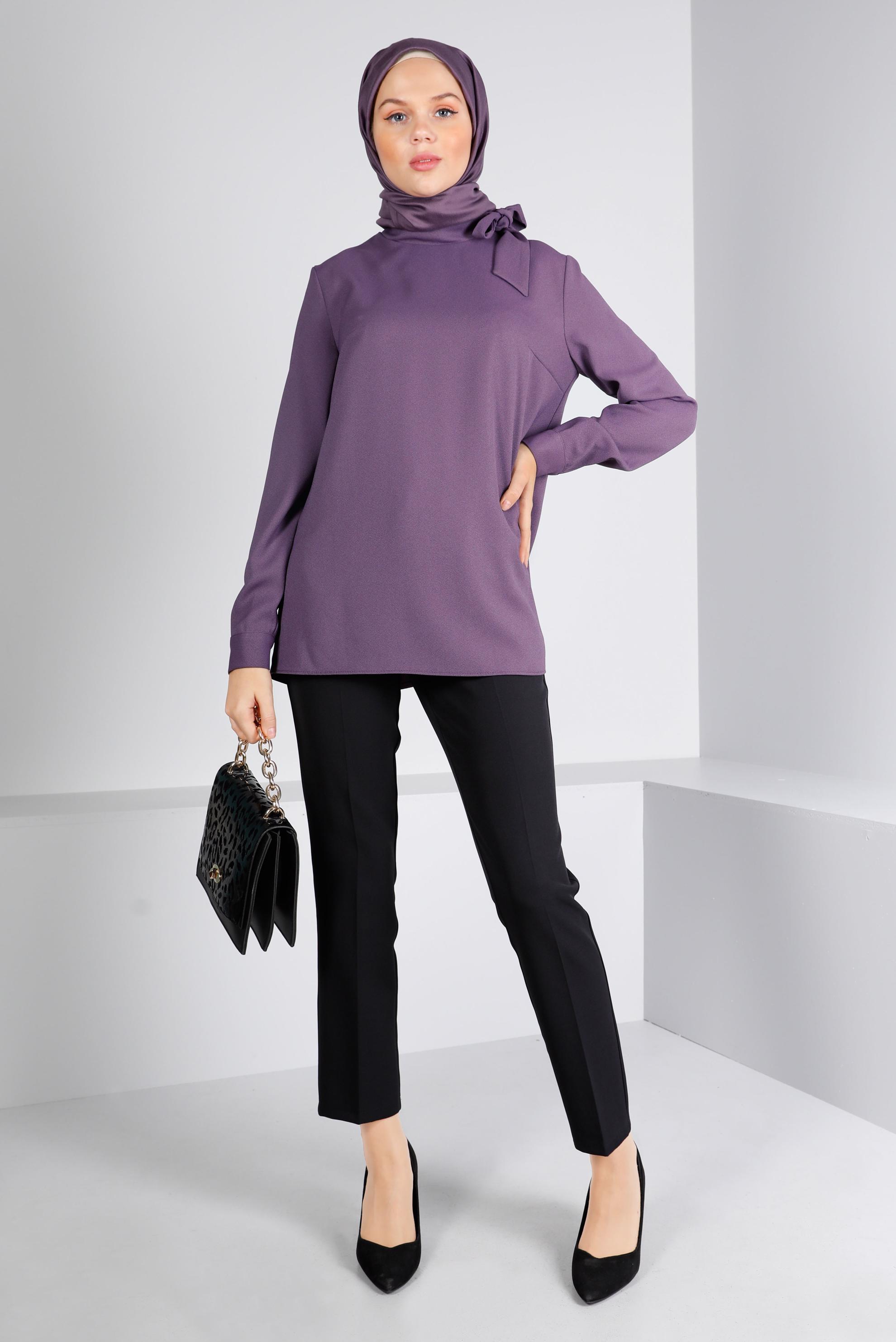 Tesettür giyim MOR BAĞLAMA DETAYLI KREP BLUZ 43381