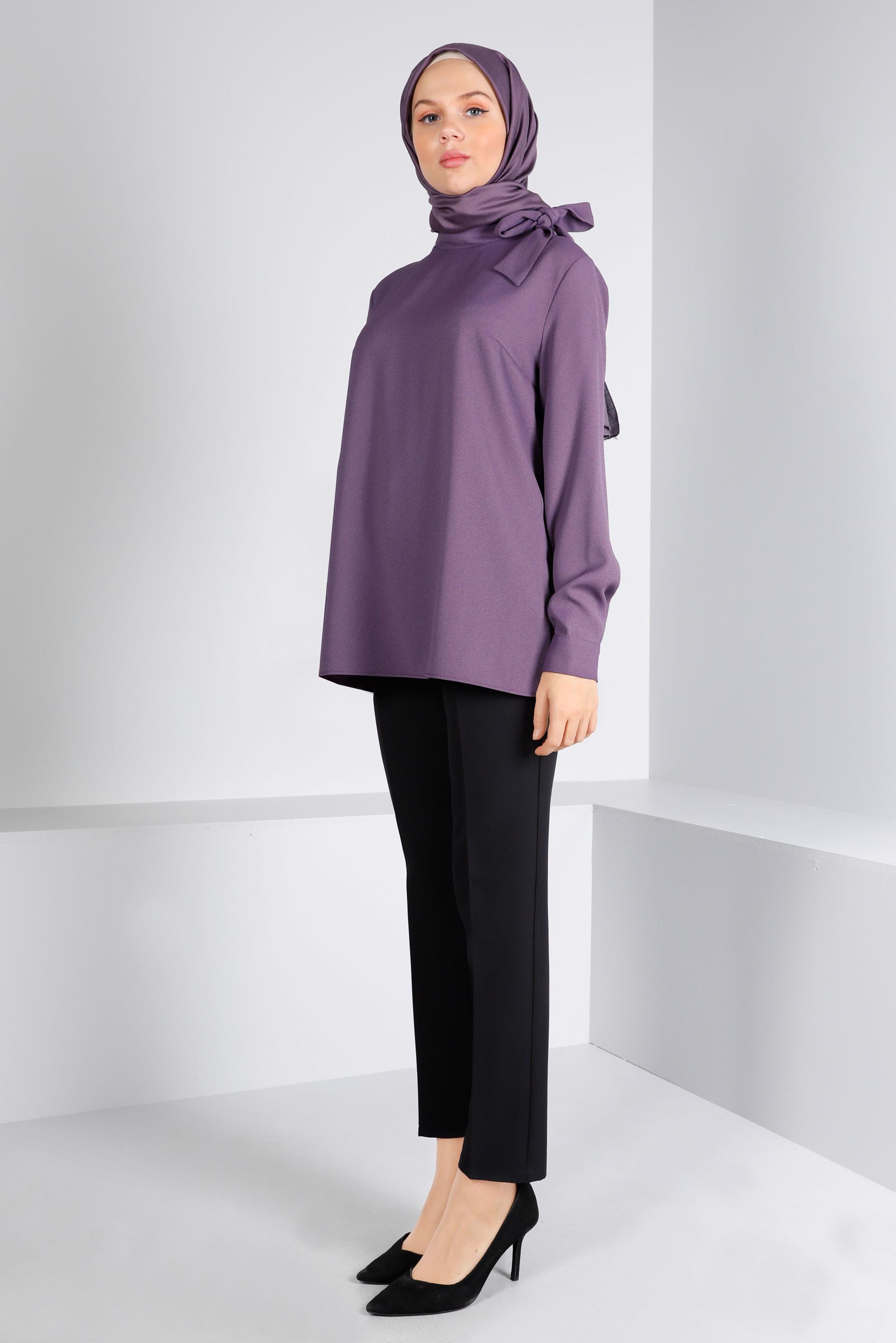 Tesettür giyim MOR BAĞLAMA DETAYLI KREP BLUZ 43381
