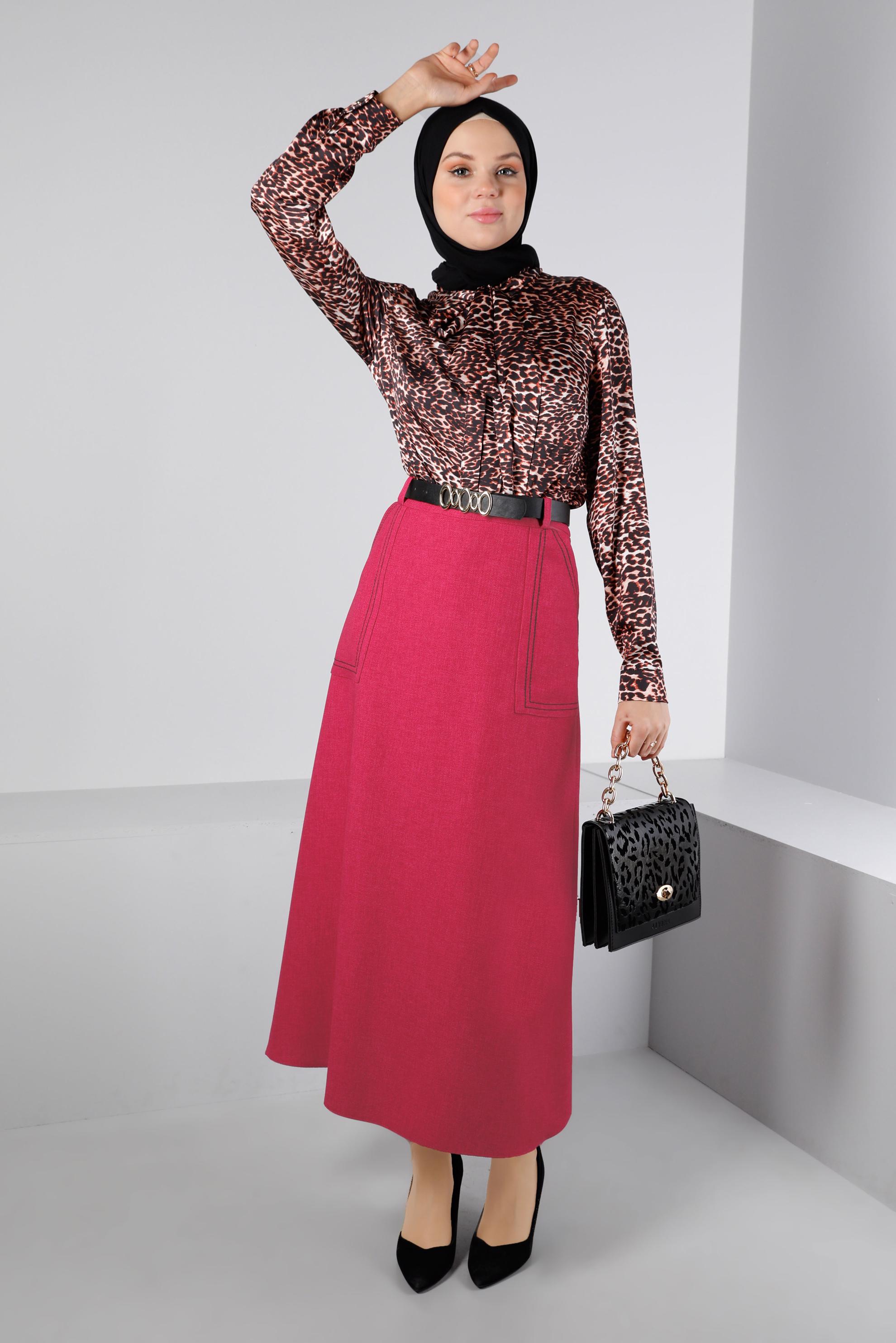 Tesettür giyim TABA LEOPAR DESENLİ SATEN BLUZ 43410