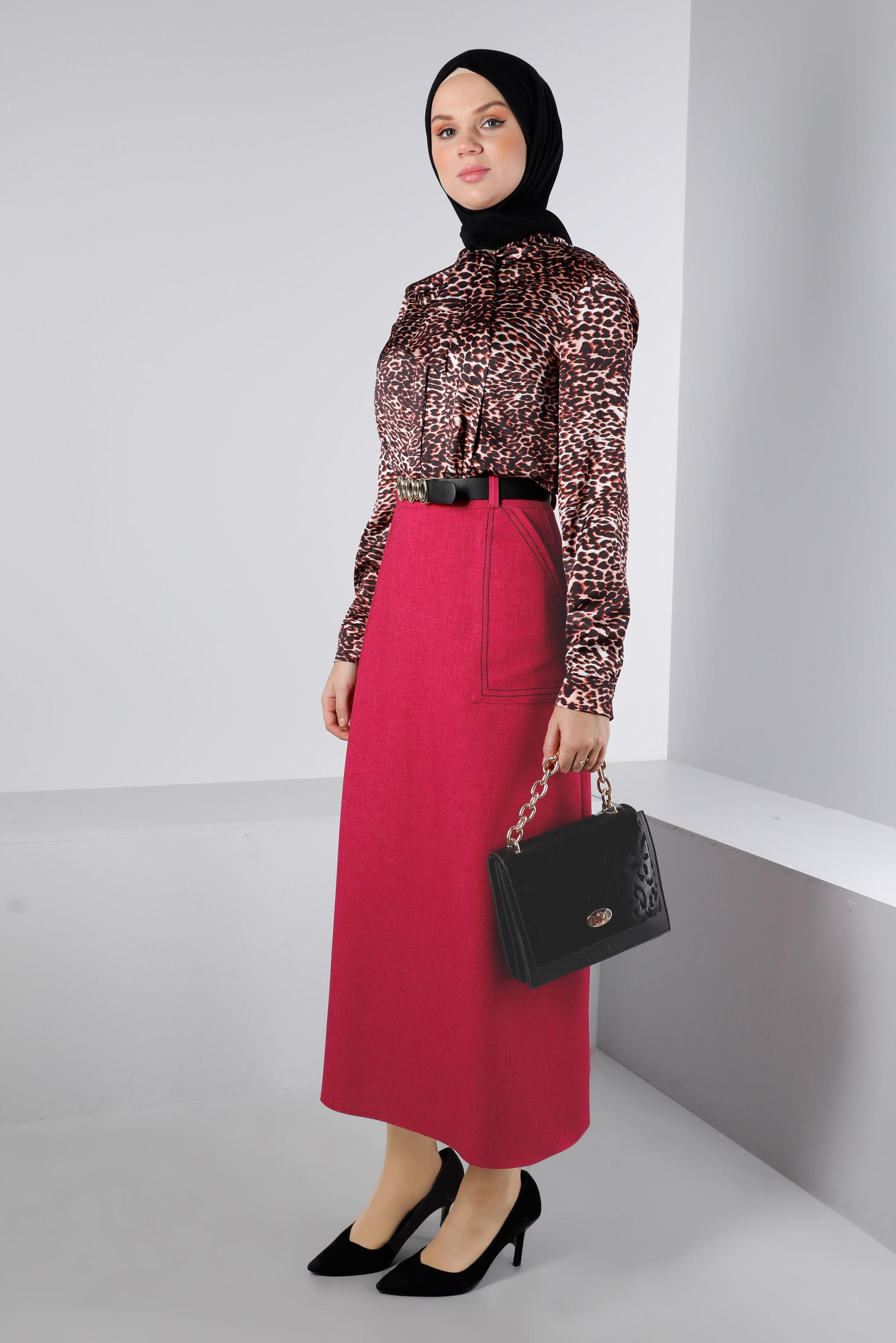 Tesettür giyim TABA LEOPAR DESENLİ SATEN BLUZ 43410