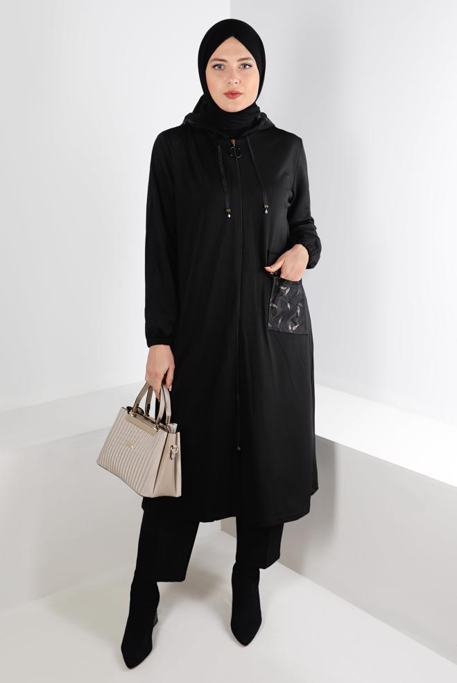 Vêtements hijab NOIR VESTE ZIPPÉE À CAPUCHE 20320 - ALVİNA