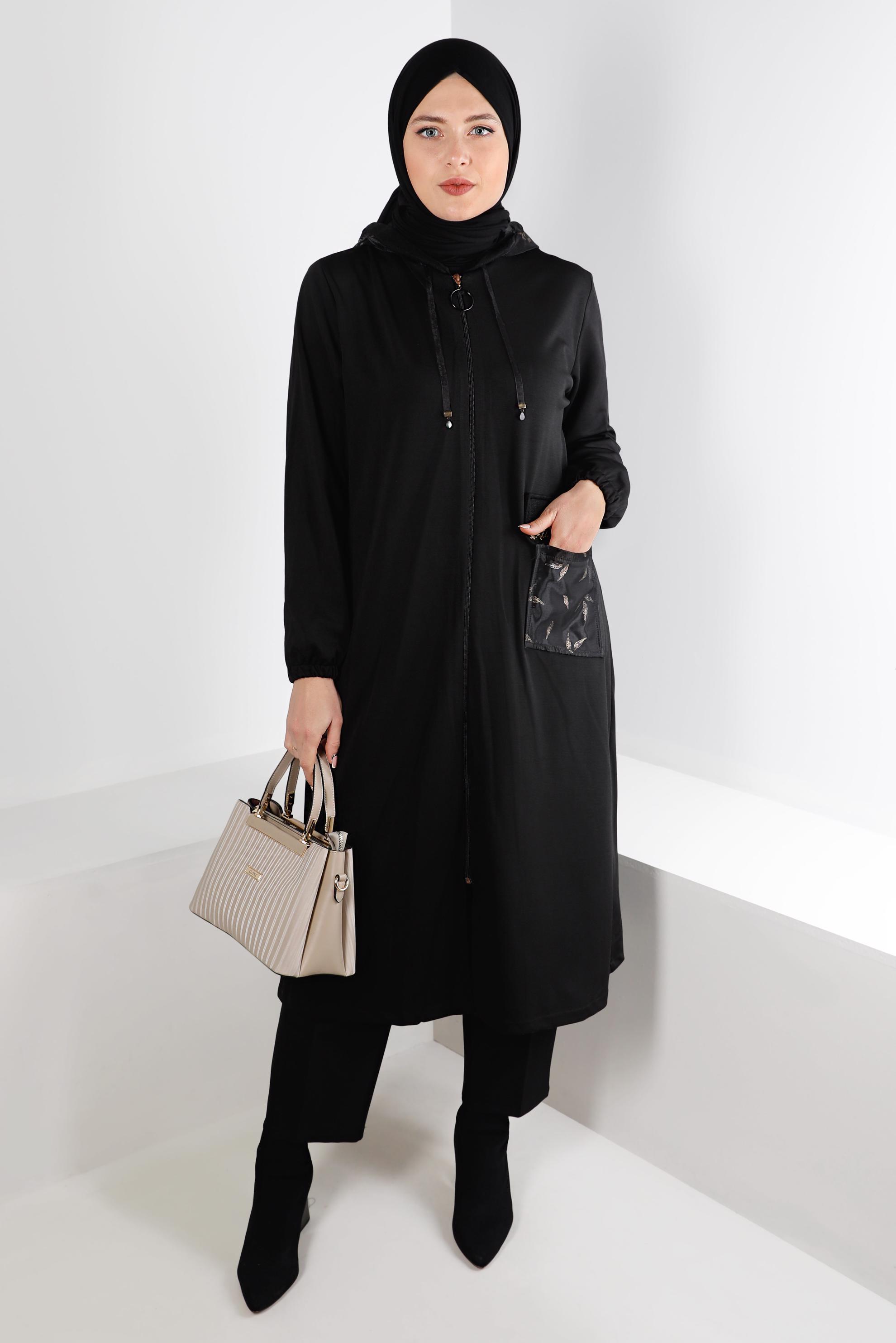 Tesettür giyim SİYAH KAPÜŞONLU FERMUARLI GİY ÇIK 20320