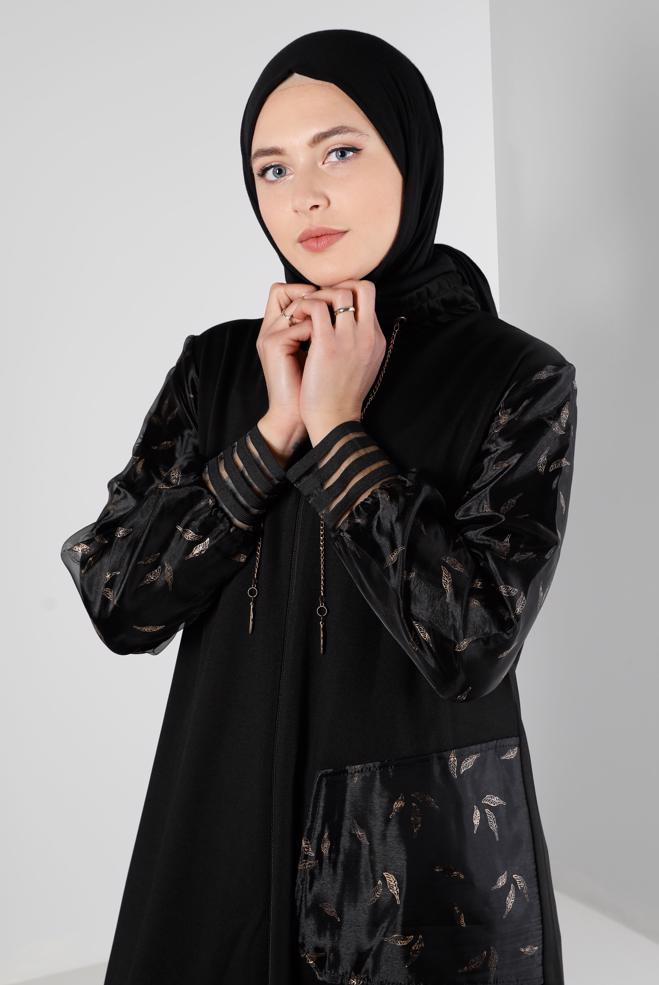 Hijab clothing BLACK PATTERNED COAT WITH TULLE DETAIL 20321 - ALVİNA