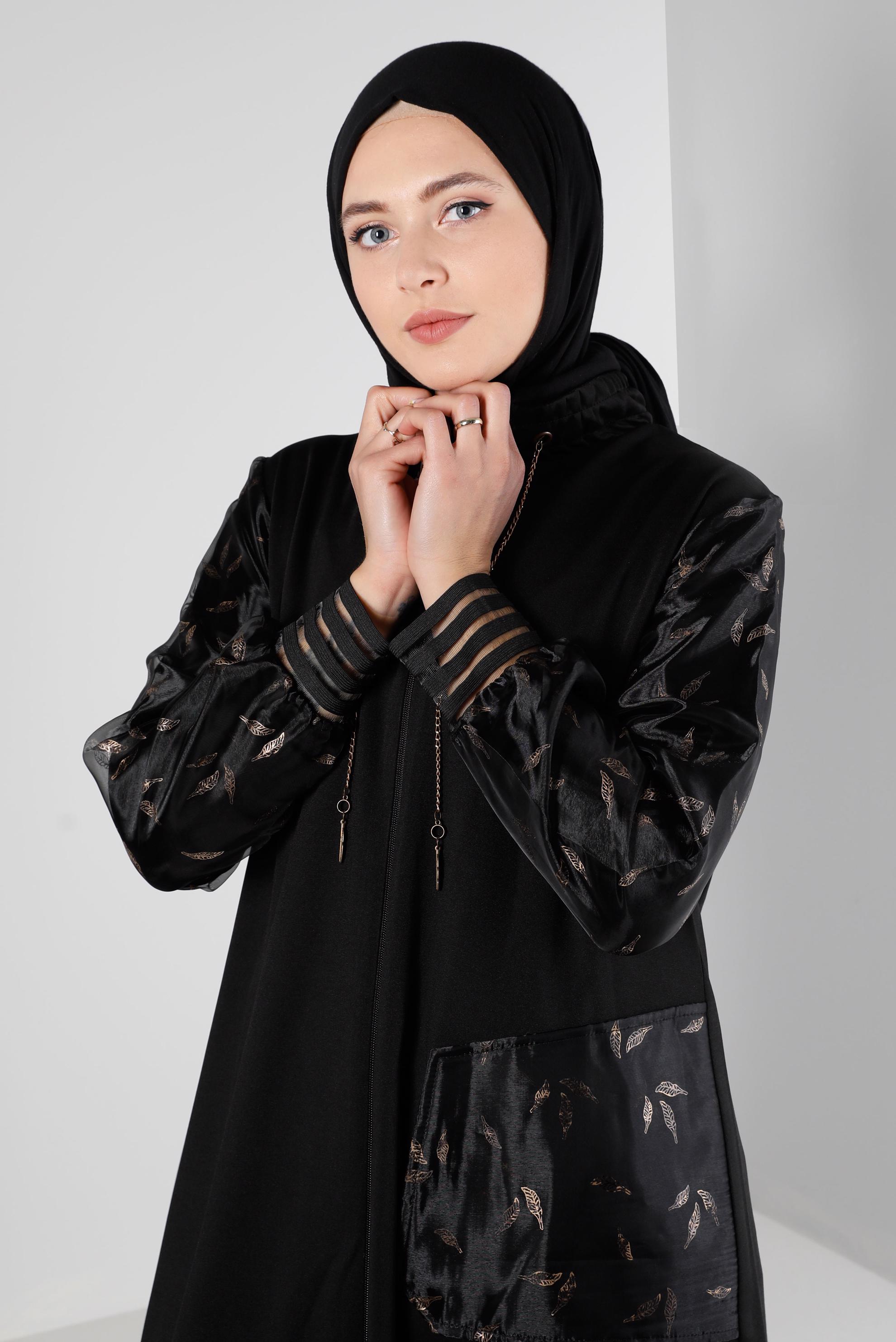 Hijab clothing BLACK PATTERNED COAT WITH TULLE DETAIL 20321