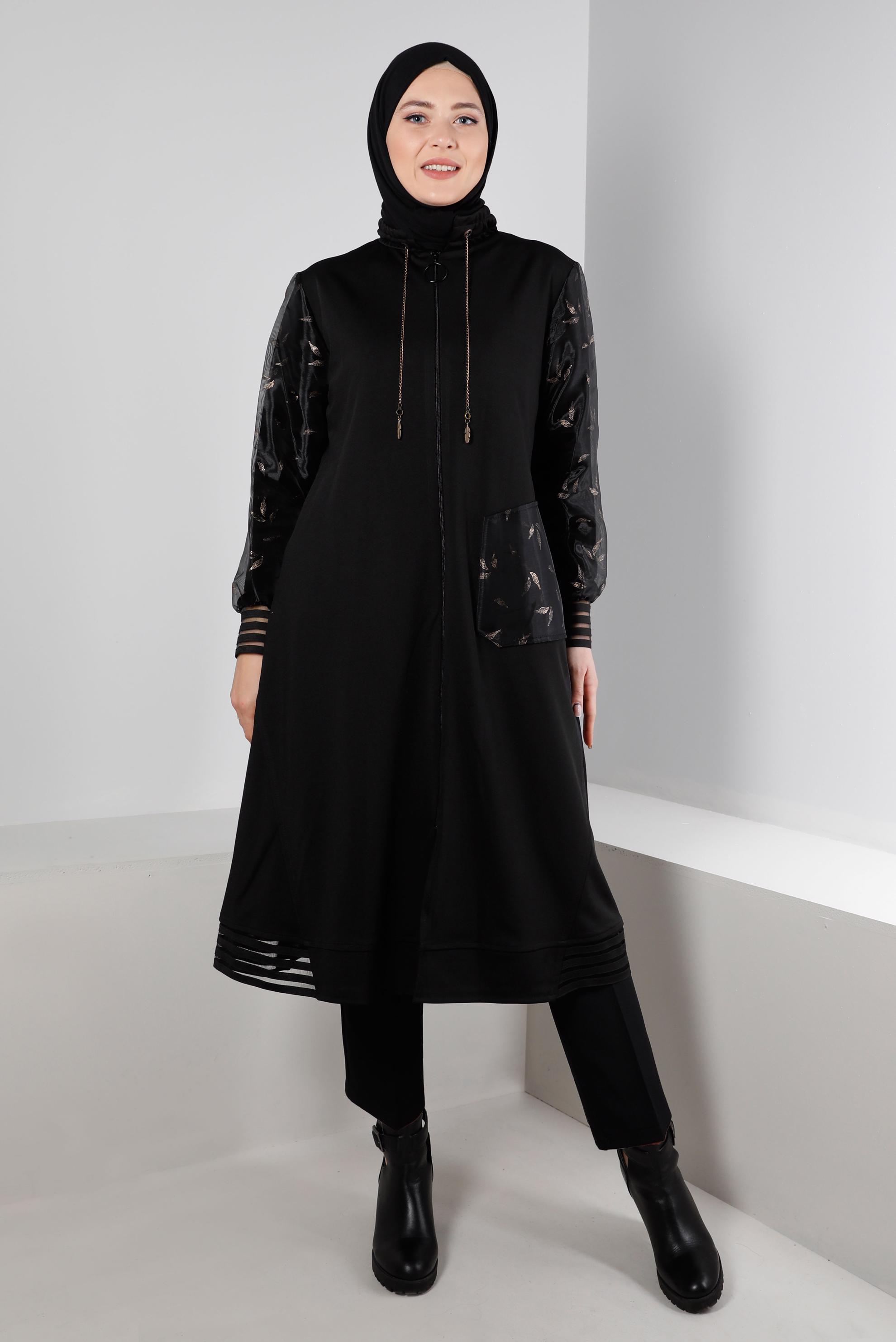 Hijab clothing BLACK PATTERNED COAT WITH TULLE DETAIL 20321