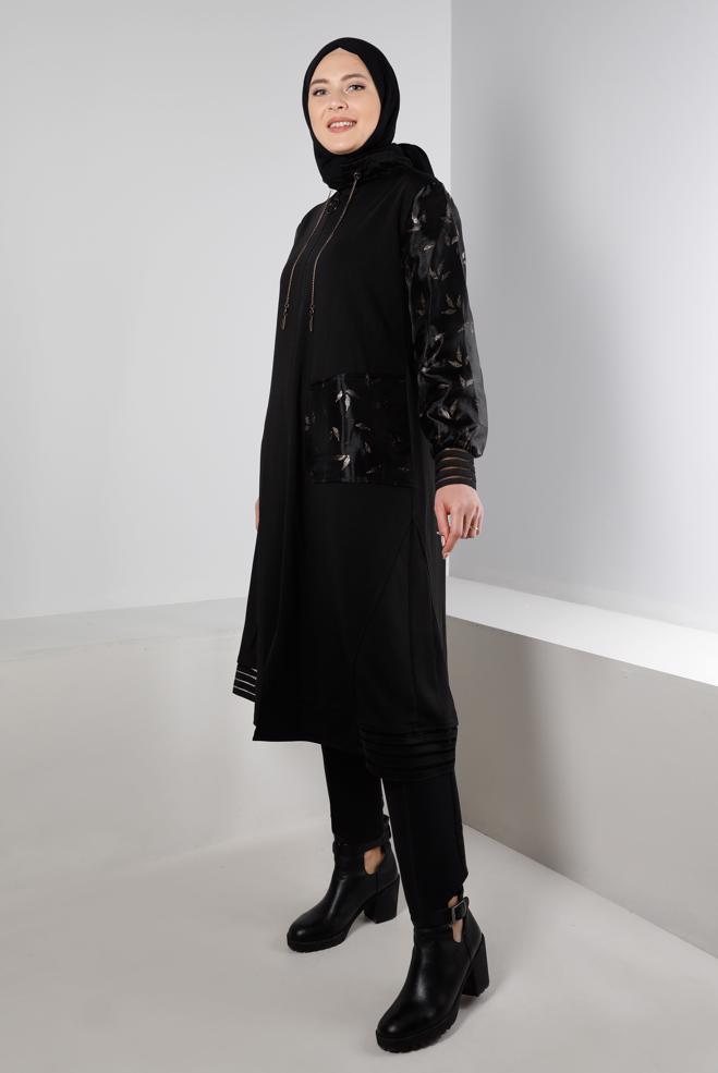 Hijab clothing BLACK PATTERNED COAT WITH TULLE DETAIL 20321 - ALVİNA