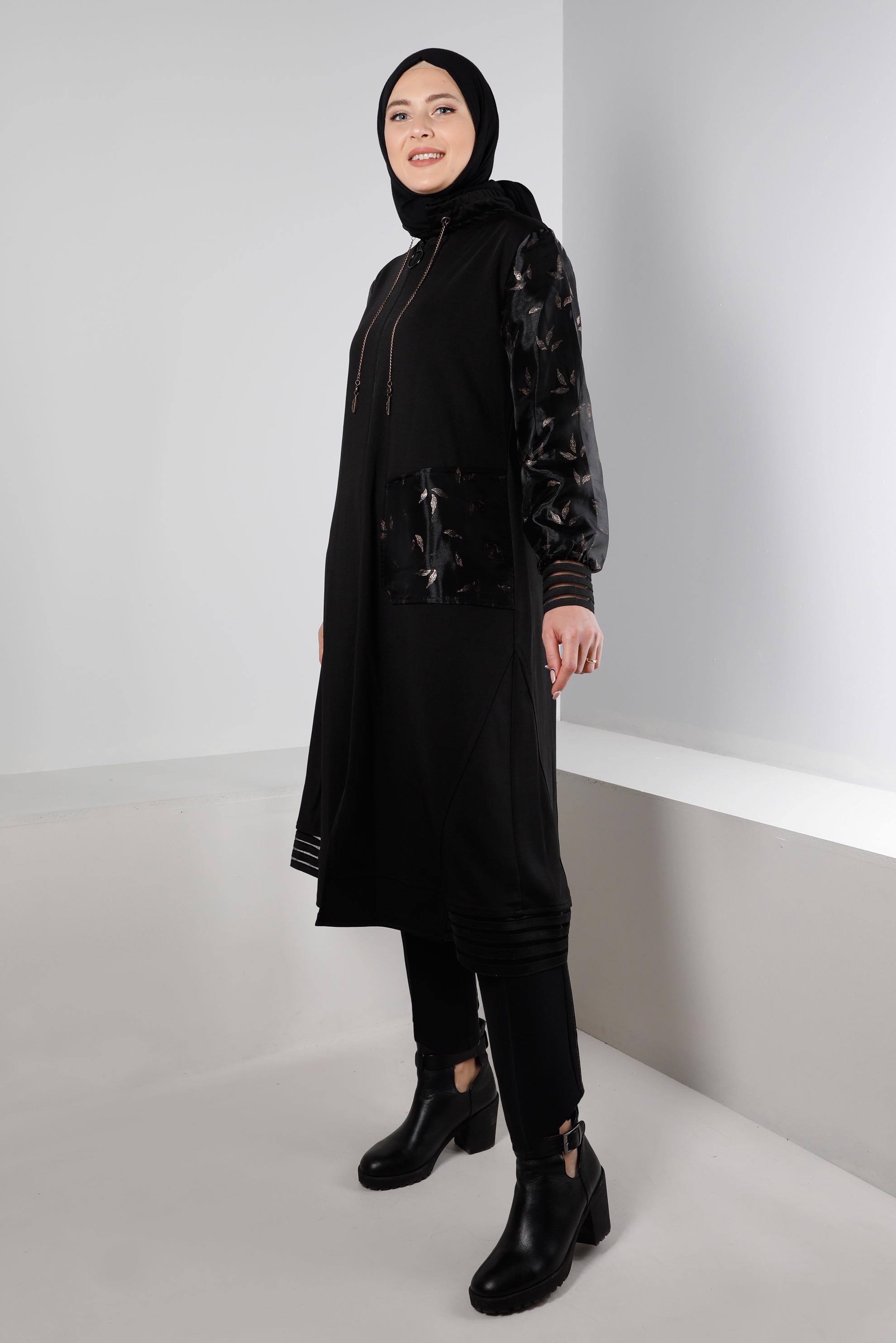 Hijab clothing BLACK PATTERNED COAT WITH TULLE DETAIL 20321