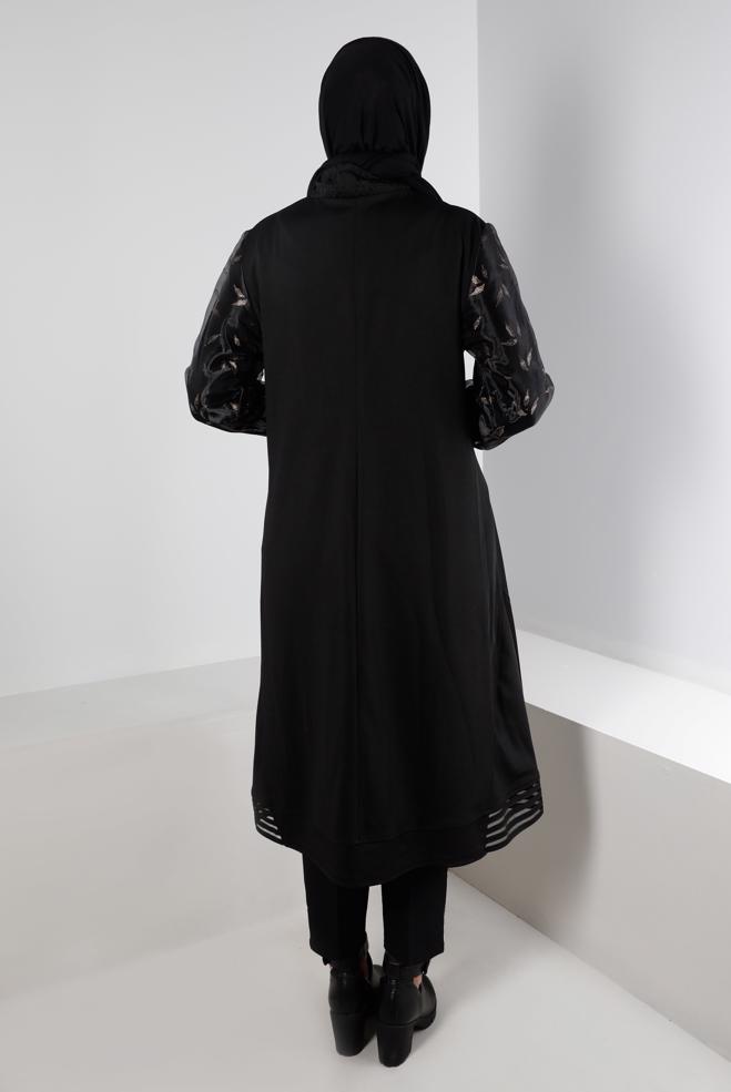 Hijab clothing BLACK PATTERNED COAT WITH TULLE DETAIL 20321 - ALVİNA